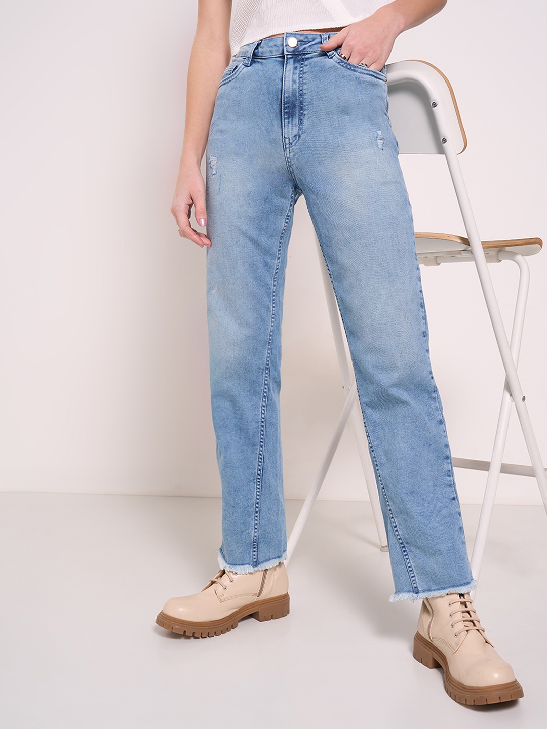 

SF JEANS by Pantaloons Women Straight Fit High-Rise Low Distress Heavy Fade Jeans, Grey
