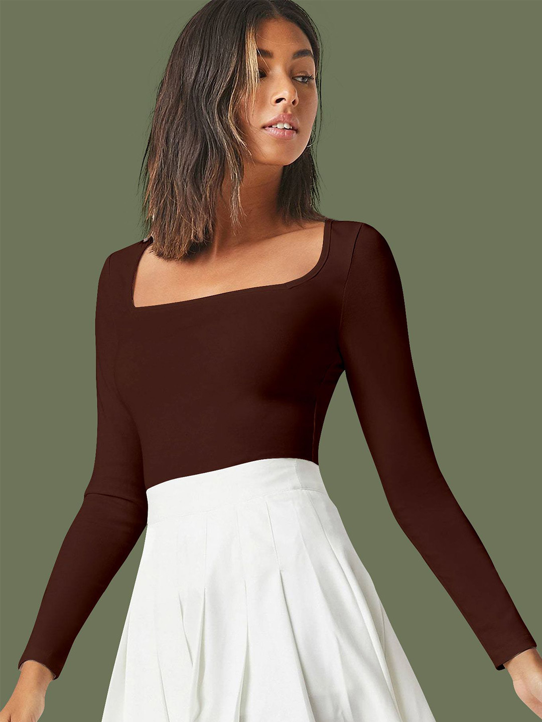 

Dream Beauty Fashion Women Square Neck Fitted Top, Brown