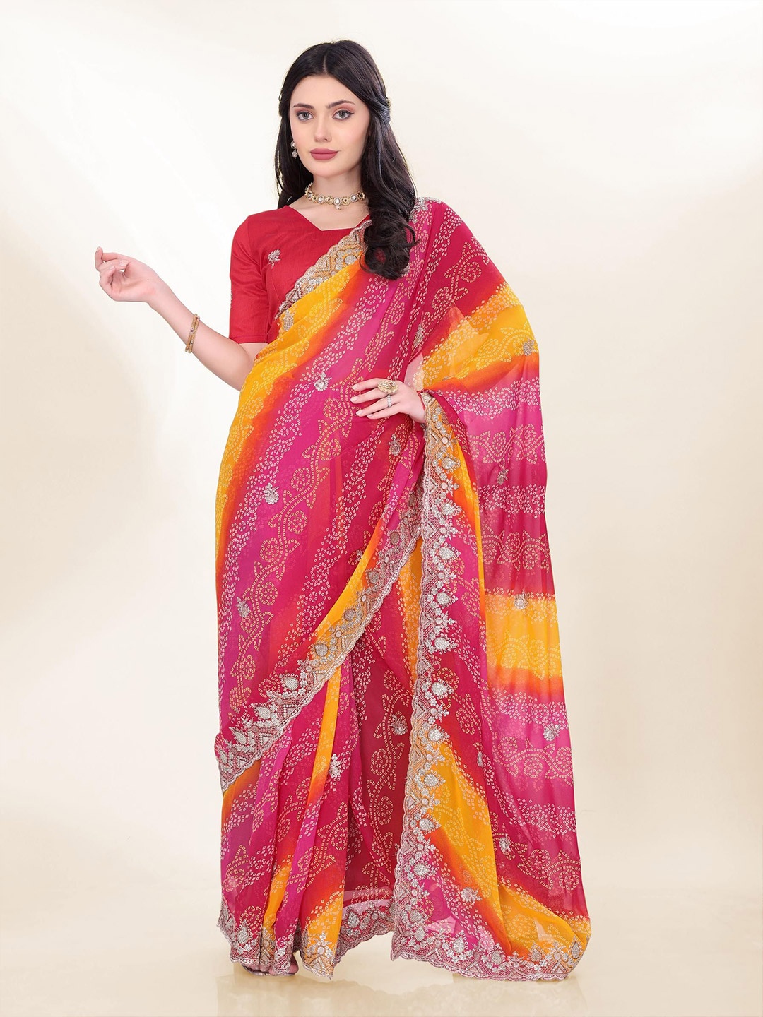 

VAIRAGEE Bandhani Embroidered Poly Georgette Bandhani Saree, Pink