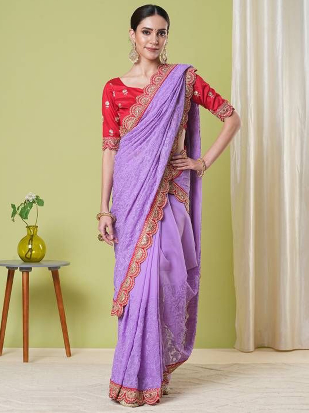 

HERE&NOW Embellished Sequinned Pure Georgette Banarasi Saree, Purple