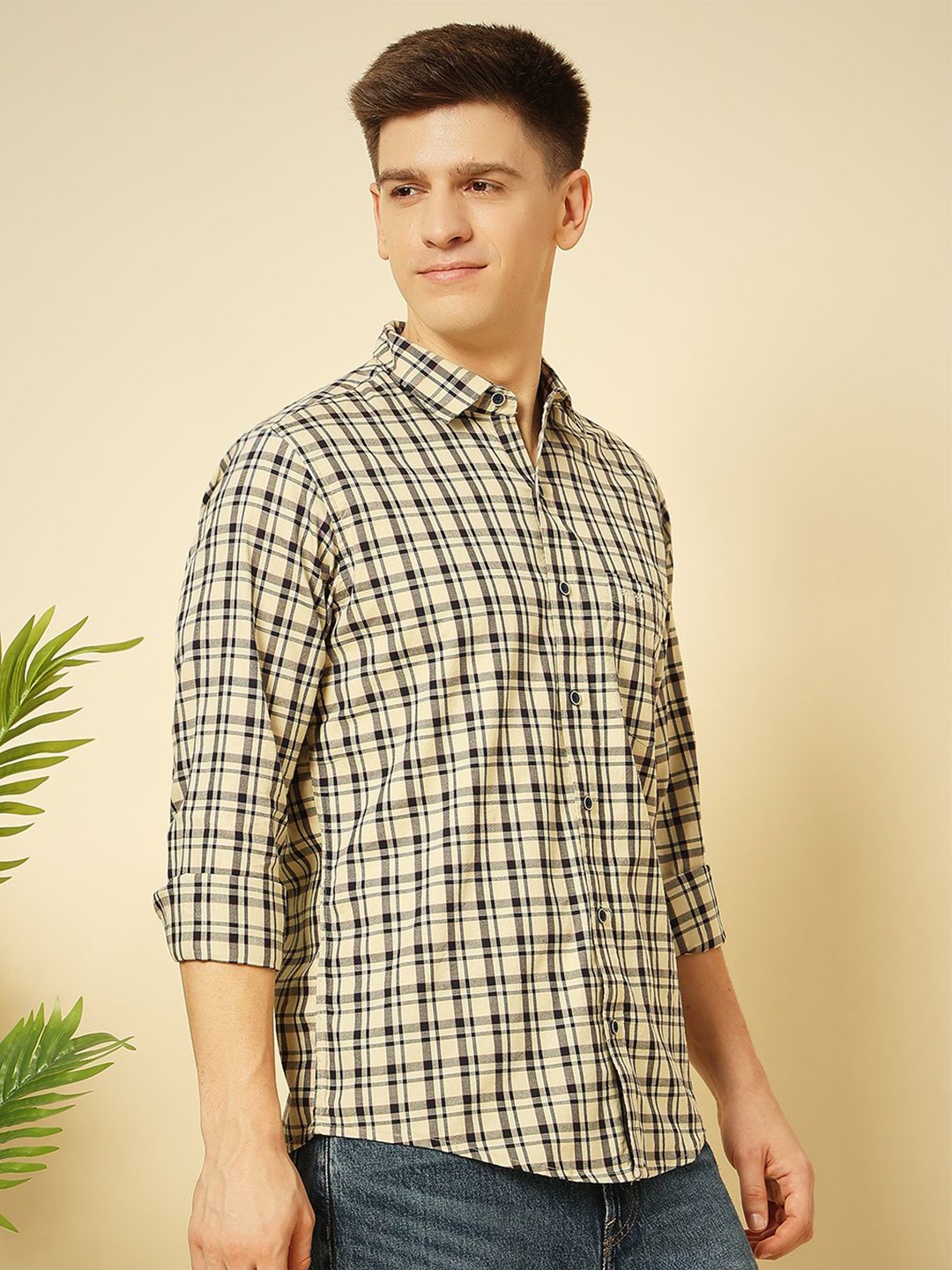

ENSPYR Men Opaque Checked Casual Shirt, Beige