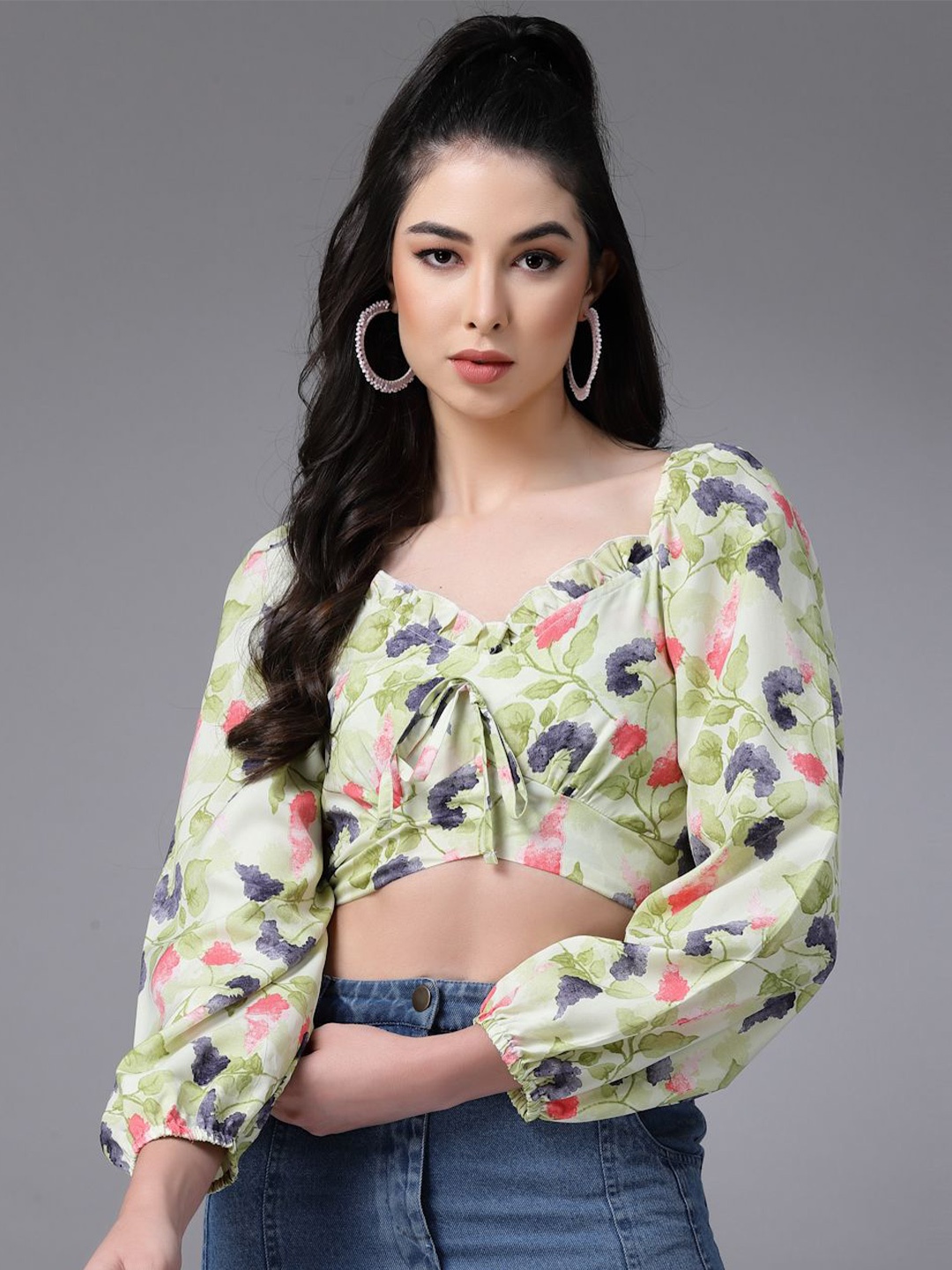 

DressBerry Floral Print Sweetheart Neck Crepe Crop Top, Green
