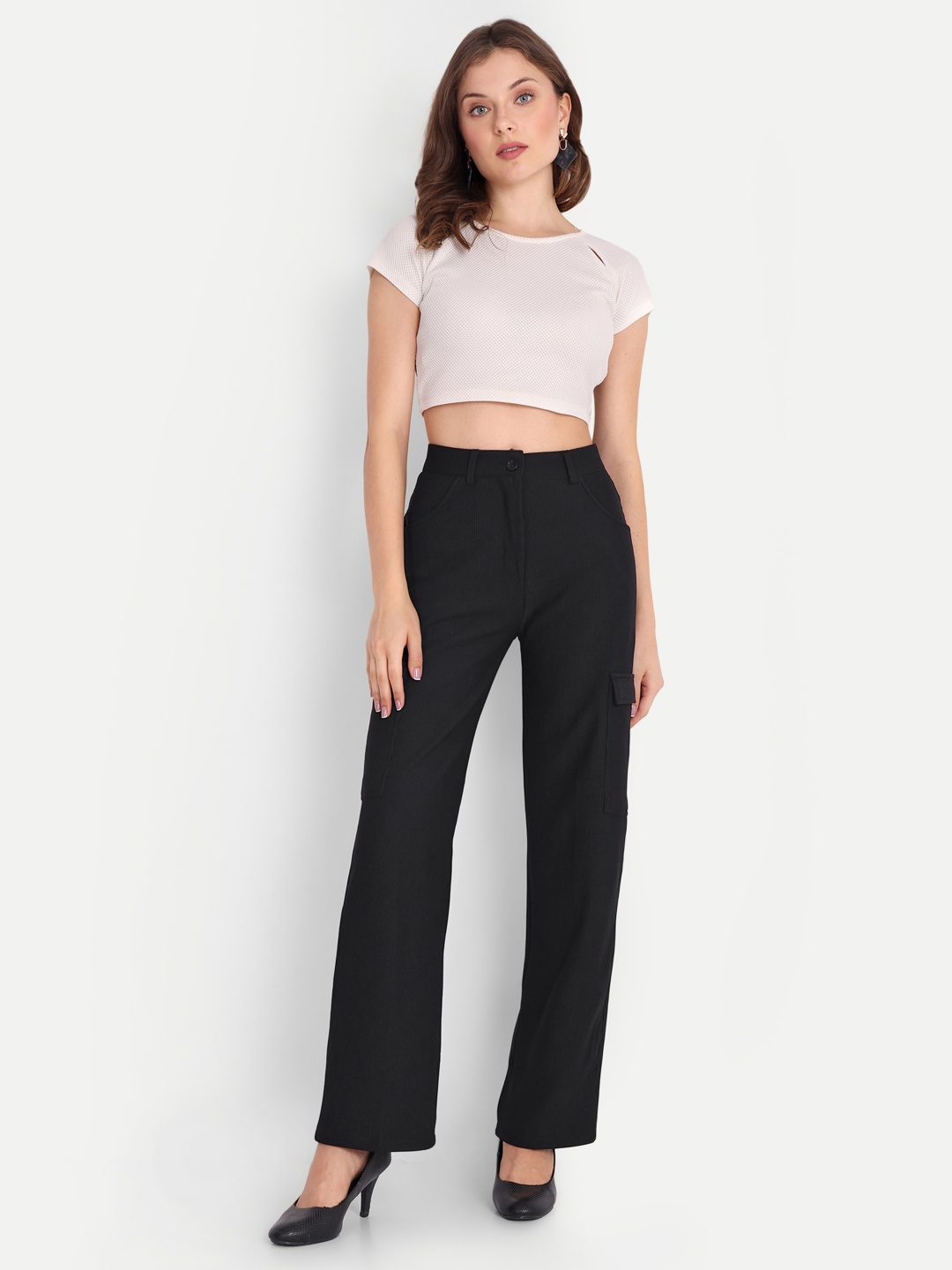 

Chemistry Women Striped Ultra Loose Fit High-Rise Cargos Trousers, Black