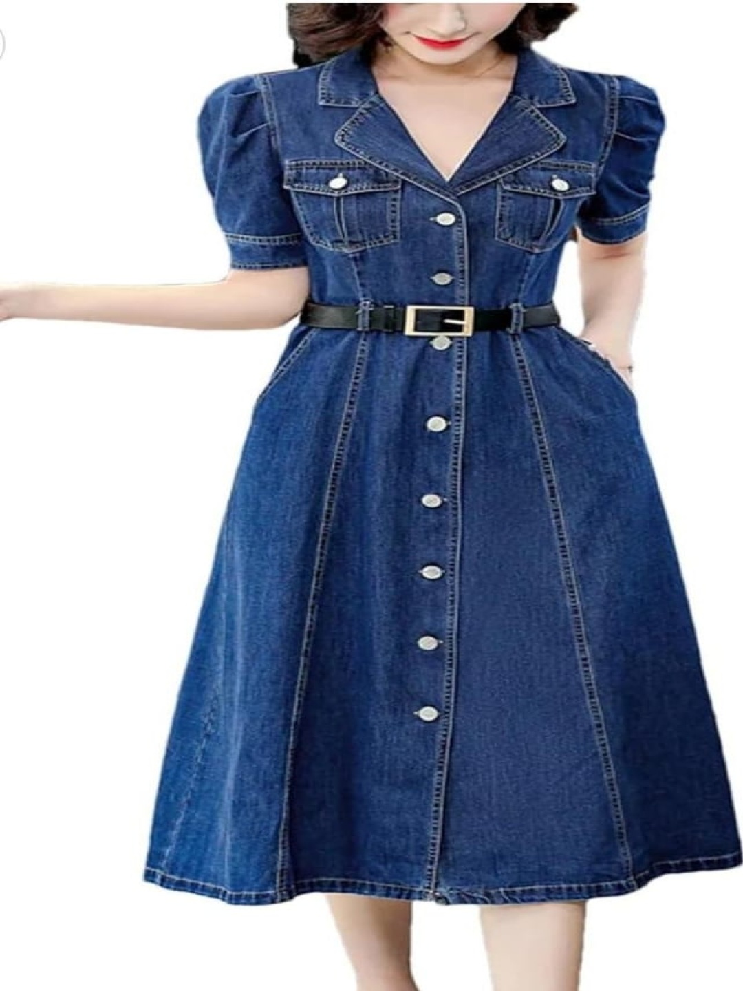 

RKK COLLECTION Puff Sleeve Denim Fit & Flare Dress, Navy blue