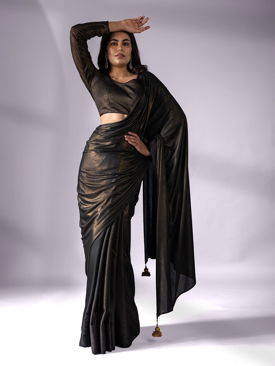 

Swtantra Black Gold Saree with Gold Pendants