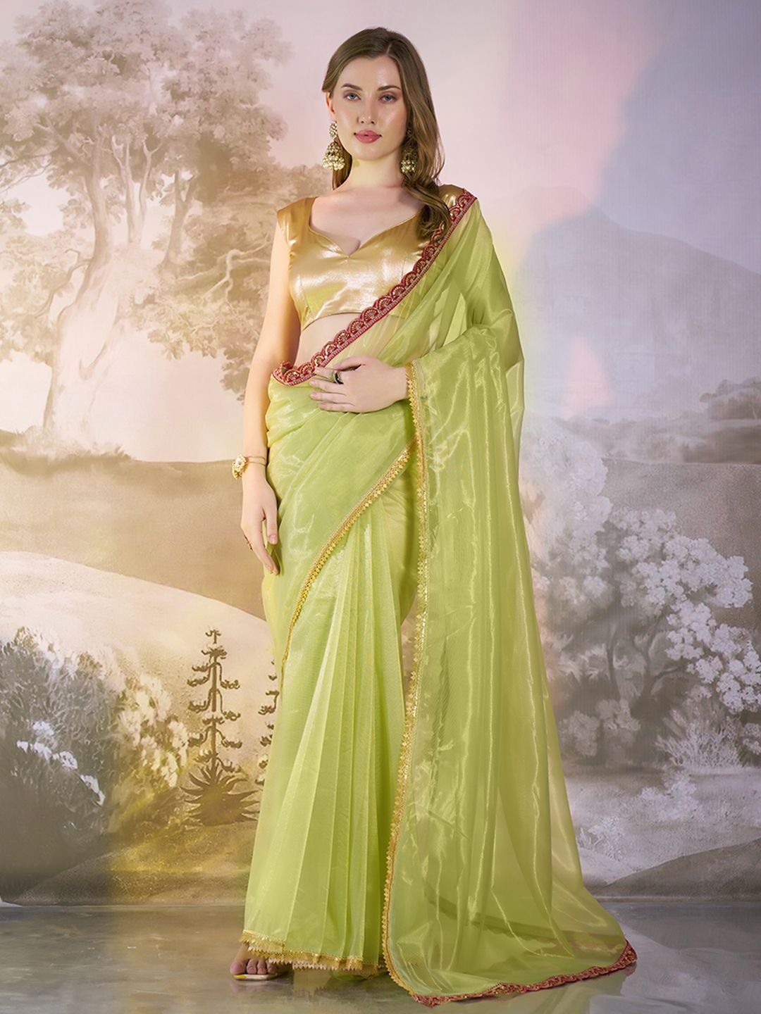 

HERE&NOW Patchwork Net Tussar Saree, Green