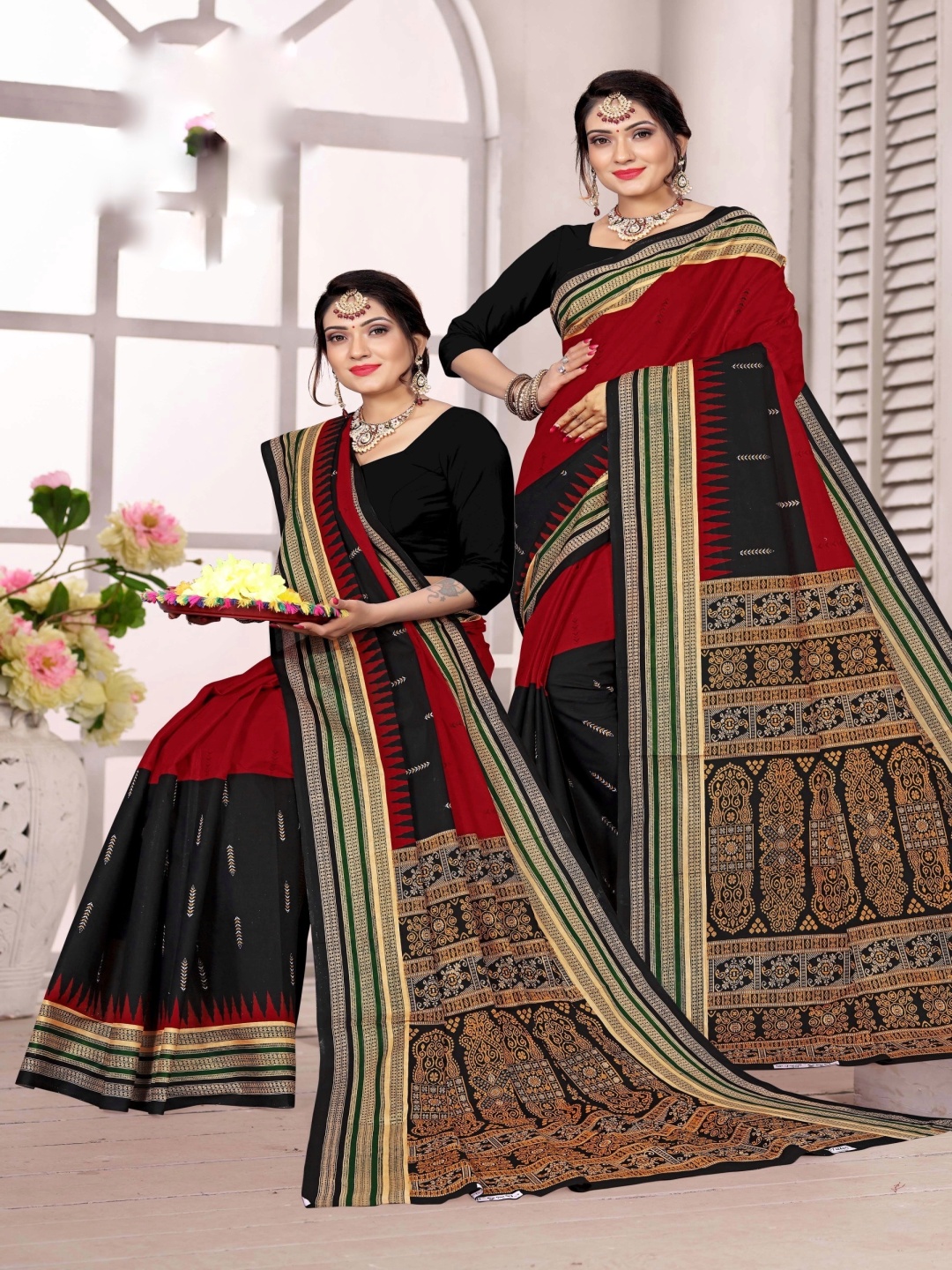 

pasapalli Ethnic Motifs Pure Cotton Sambalpuri Saree, Red