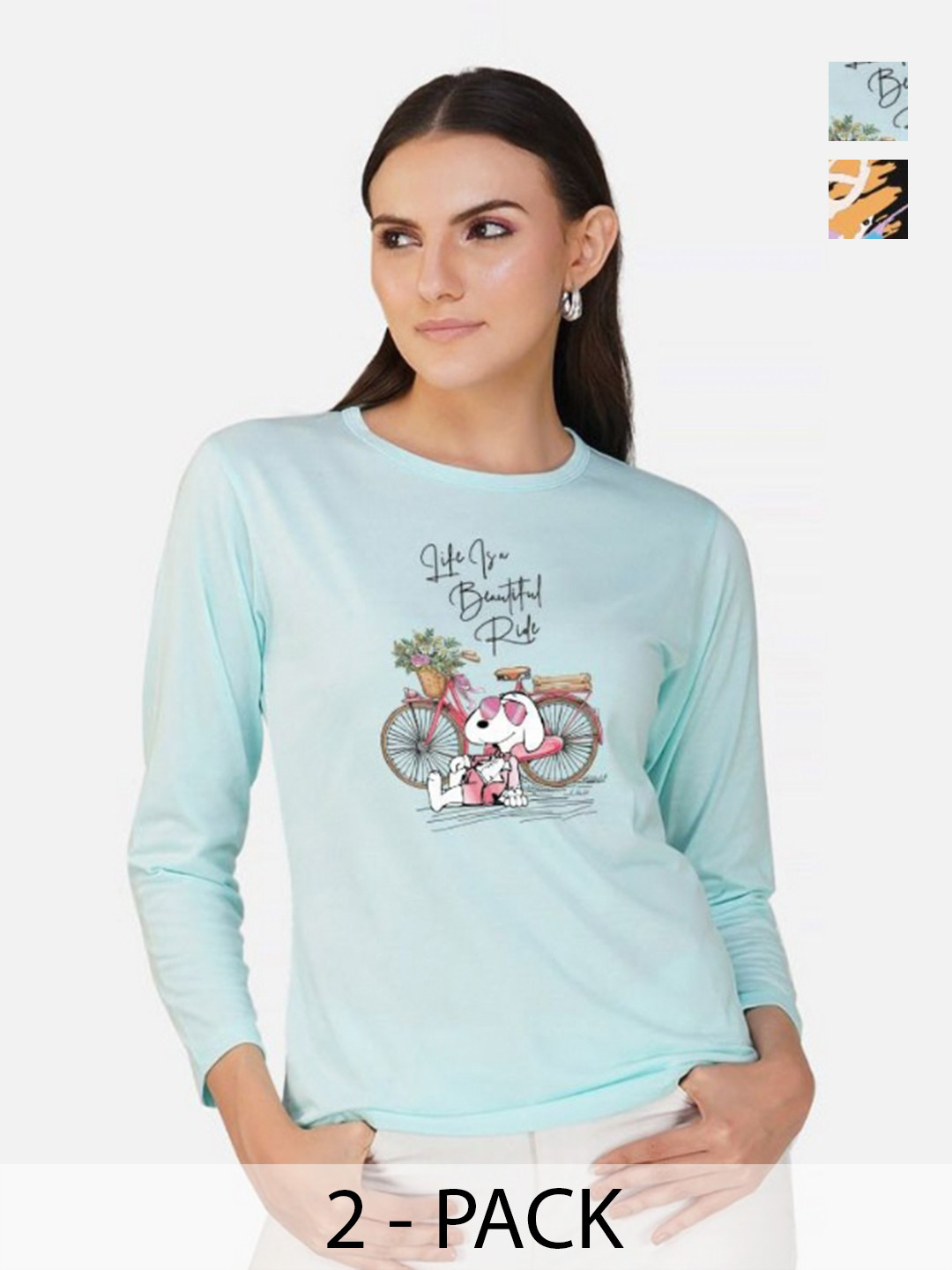 

Metronaut Women Pack of 2 Bio Finish Graphic Printed Round Neck Cotton T-shirts, Turquoise blue