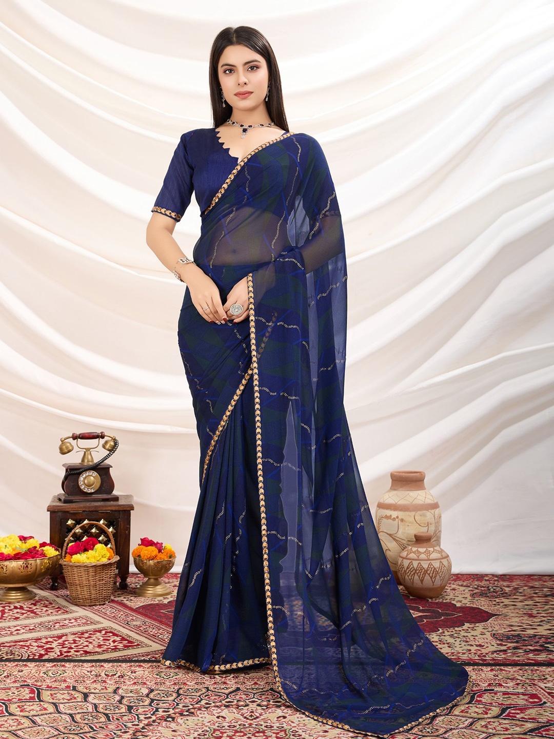 

Mitera Embellished Zari Poly Georgette Saree, Blue