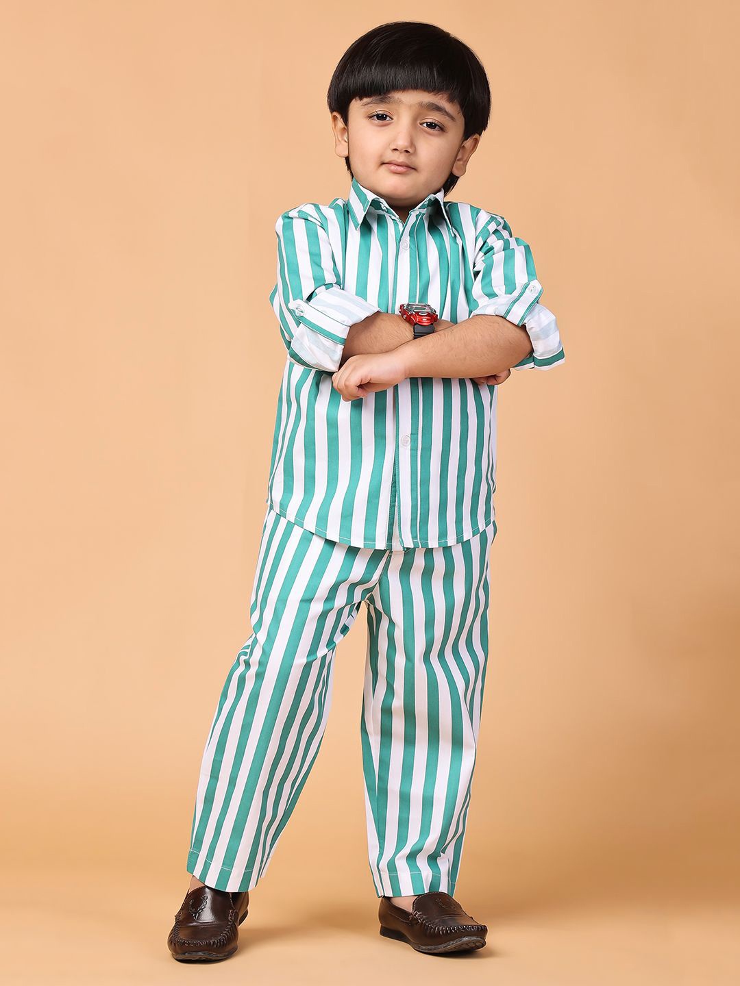 

Piccolo Piglet Boys Striped Shirt with Trousers, Sea green