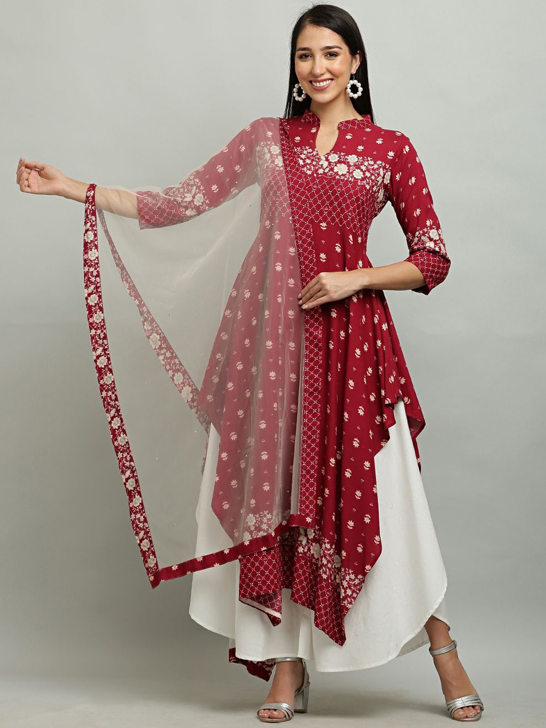 

DEGE Floral Printed Mandarin collar Neck Ethnic Anarkali Kurta, Red