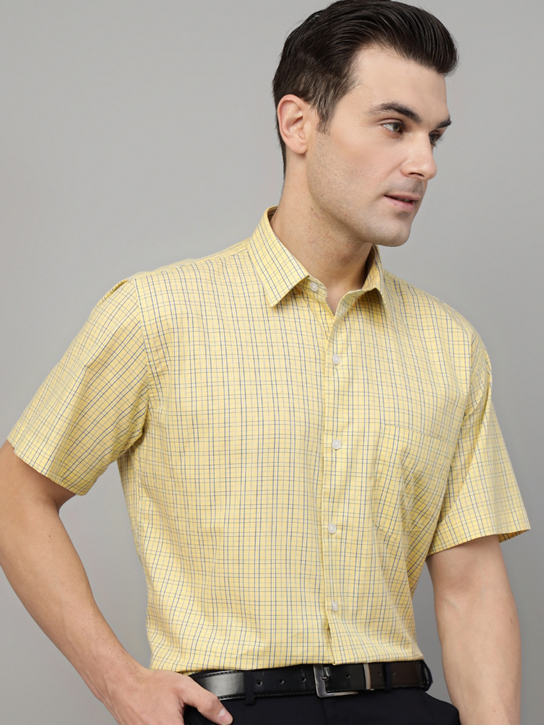 

Hancock Men Standard Slim Fit Windowpane Checks Opaque Striped Formal Shirt, Yellow