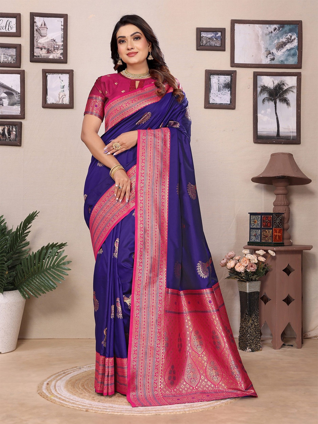 

DIVASTRI Woven Design Zari Silk Blend Banarasi Saree, Blue