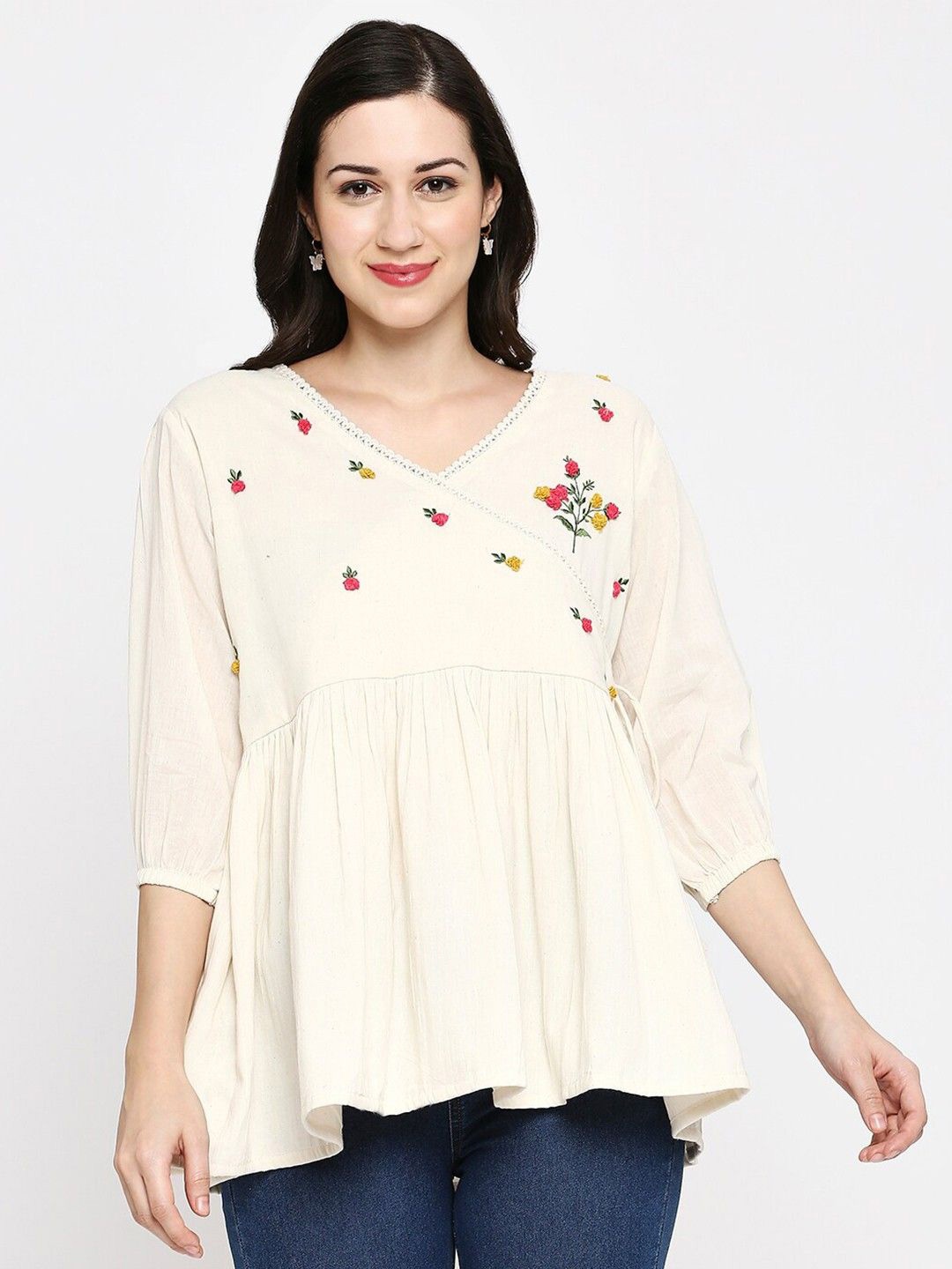 

Hitarth Fashion Floral Embroidered Lace Peplum Organic Cotton Tunic, Off white