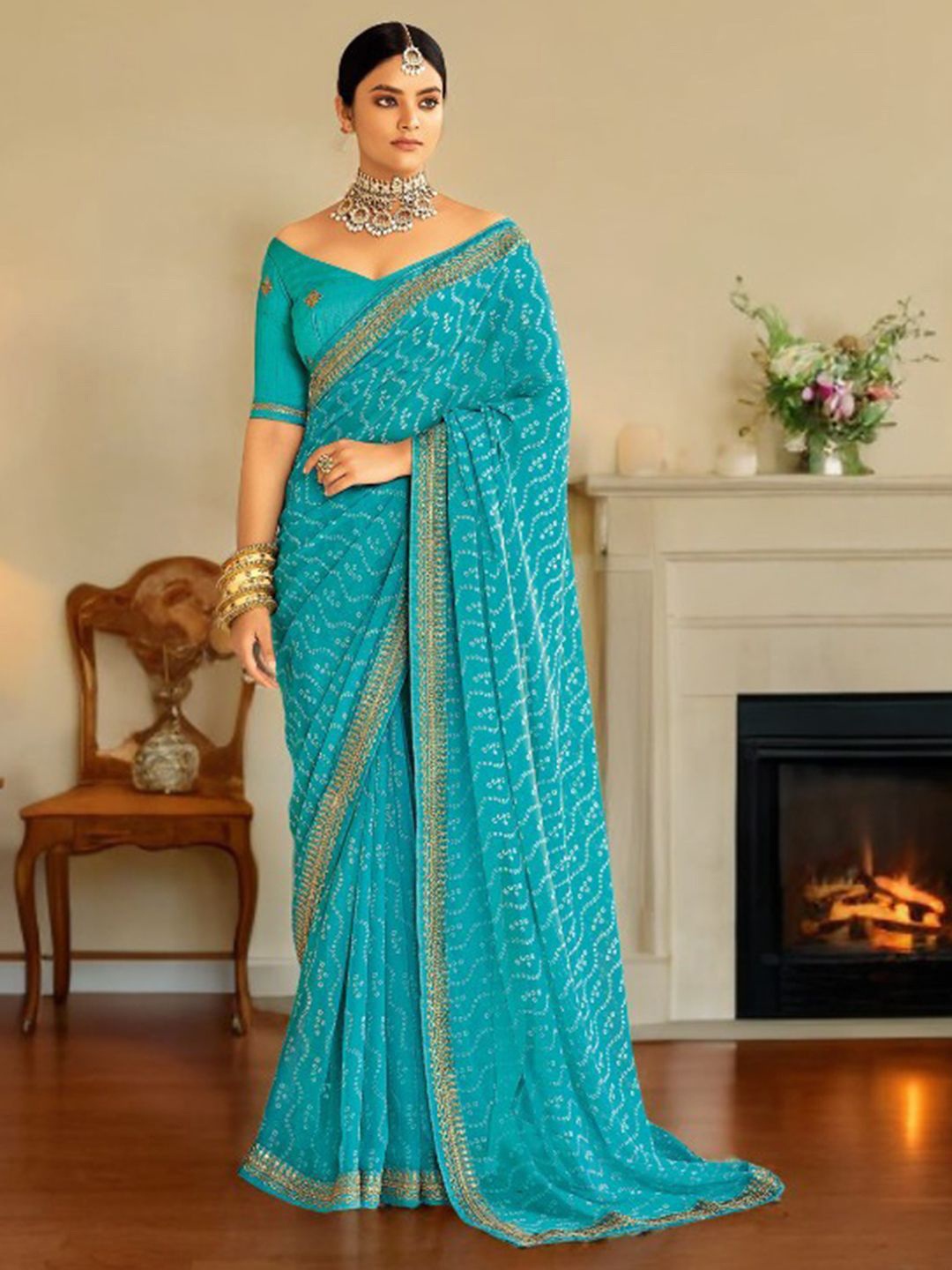 

DIVASTRI Bandhani Sequinned Pure Georgette Bandhani Saree, Blue