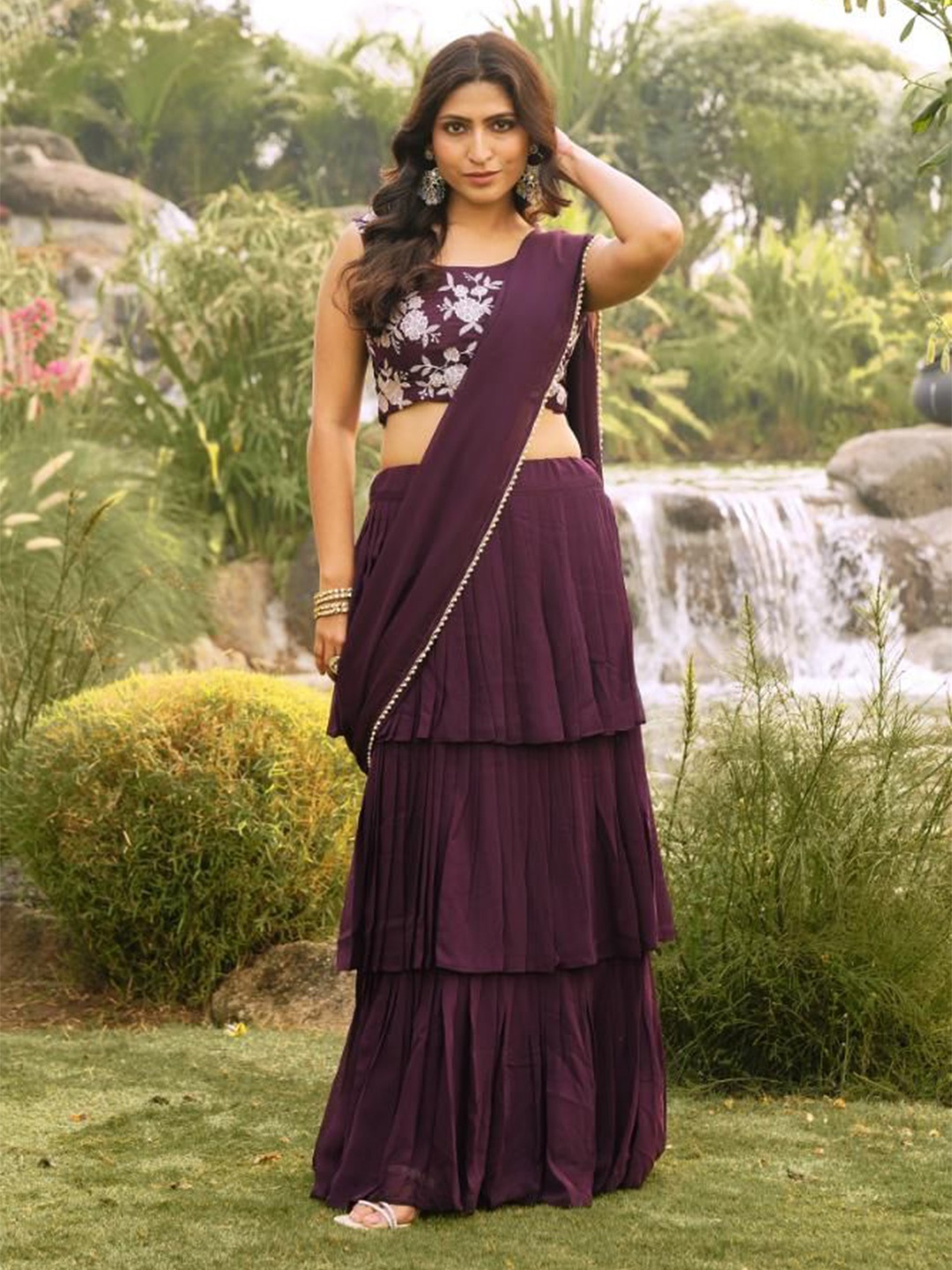 

PATLANI STYLE Floral Embroidered Pure Georgette Ready to Wear Saree, Purple