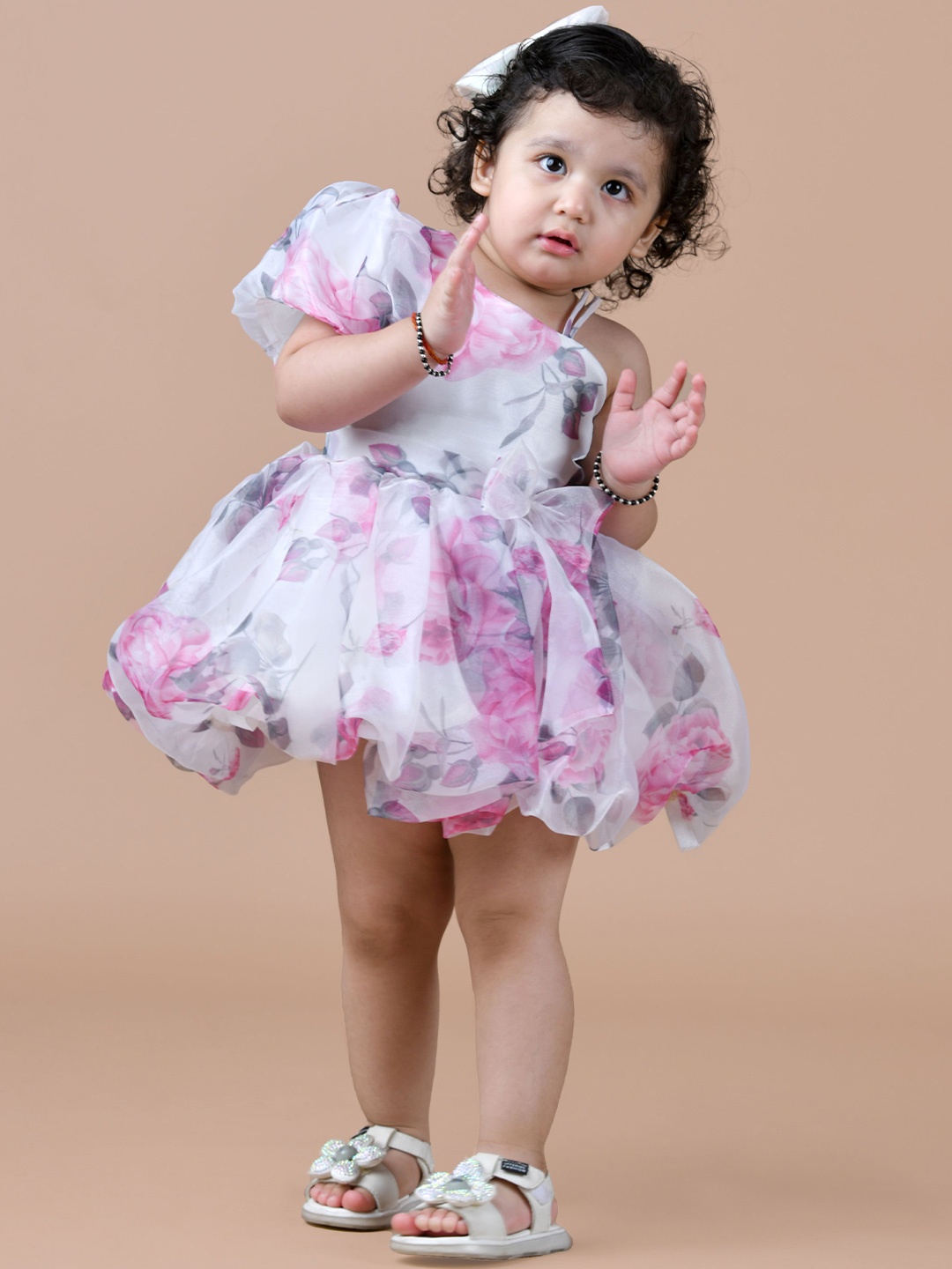 

BAESD Floral Print One Shoulder Puff Sleeve Balloon Dress, White