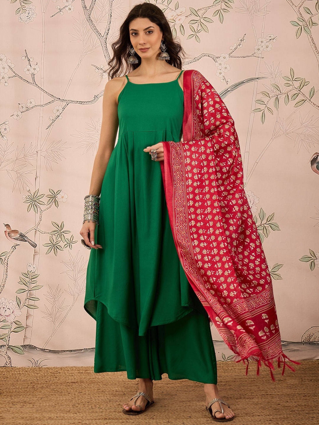 

InWeave Women Pleated Kurta with Palazzos & With Dupatta, Green