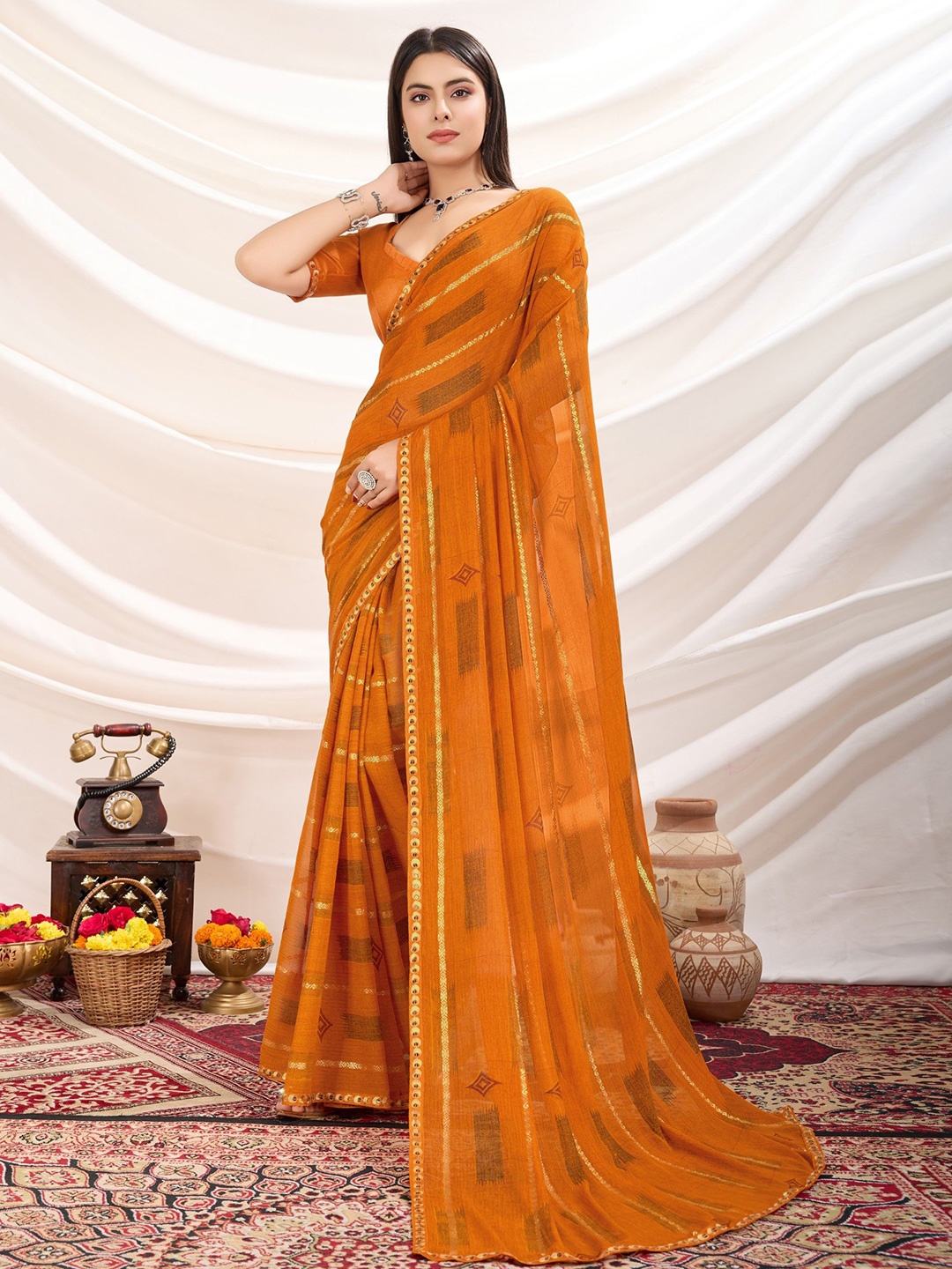 

DIVASTRI Embellished Zari Poly Georgette Saree, Orange