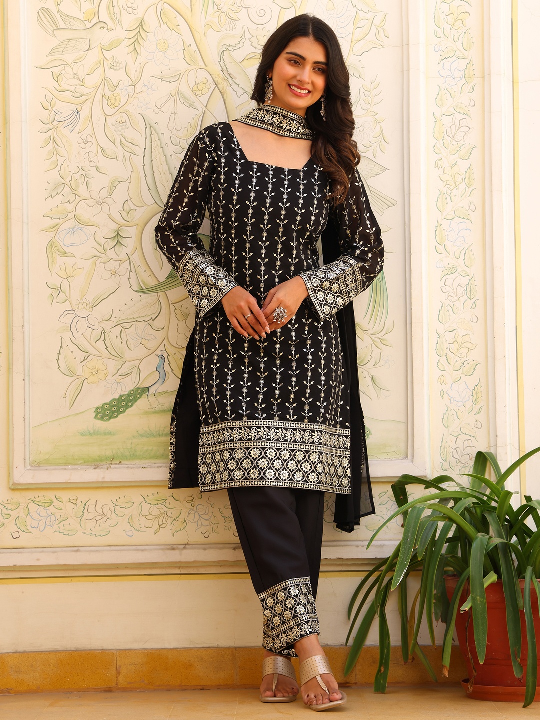 

KALINI Women Floral Embroidered Regular Mirror Work Kurta with Trousers & With Dupatta, Black