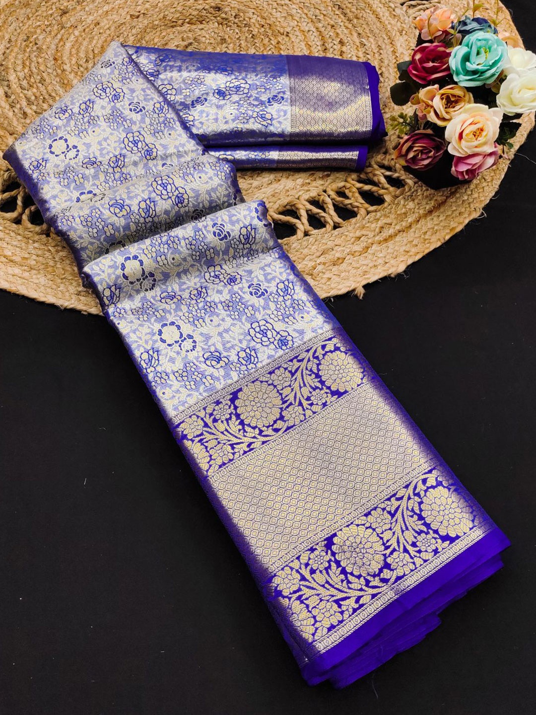 

Mitera Woven Design Zari Pure Silk Kanjeevaram Saree, Blue