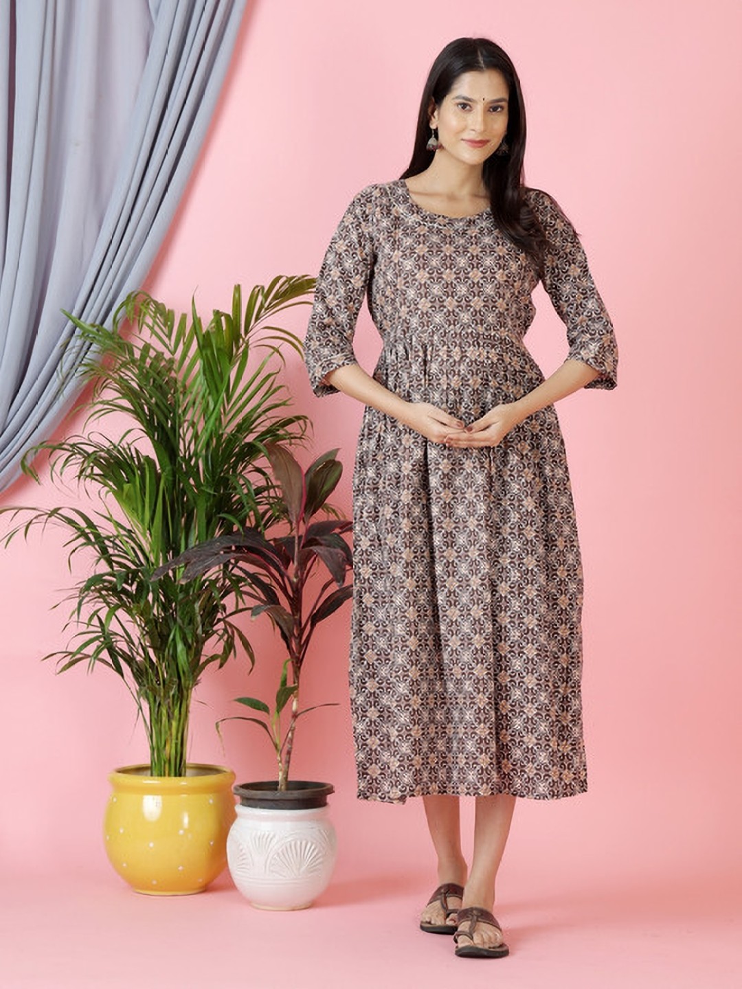 

Moda Rapido Floral Printed Cotton Fit and Flare Maternity Ethnic Dress, Beige