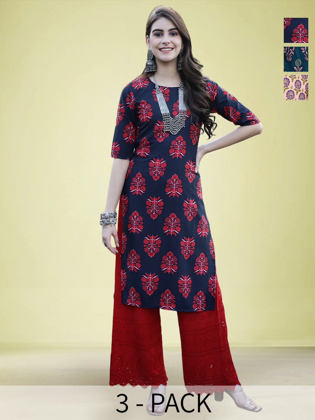 

Moda Rapido Selection Of 3 Floral Printed Round Neck Straight Kurtas, Blue