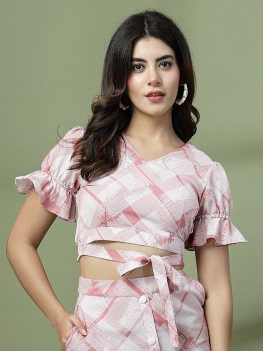 

DressBerry Floral Print Puff Sleeve Crepe Wrap Crop Top, Pink