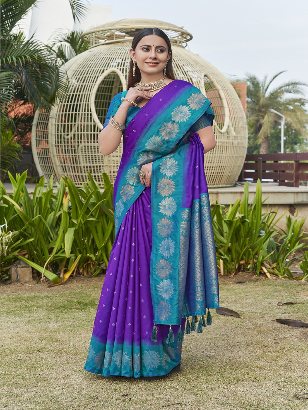 

all about you Woven Design Silk Blend Banarasi Saree, Purple