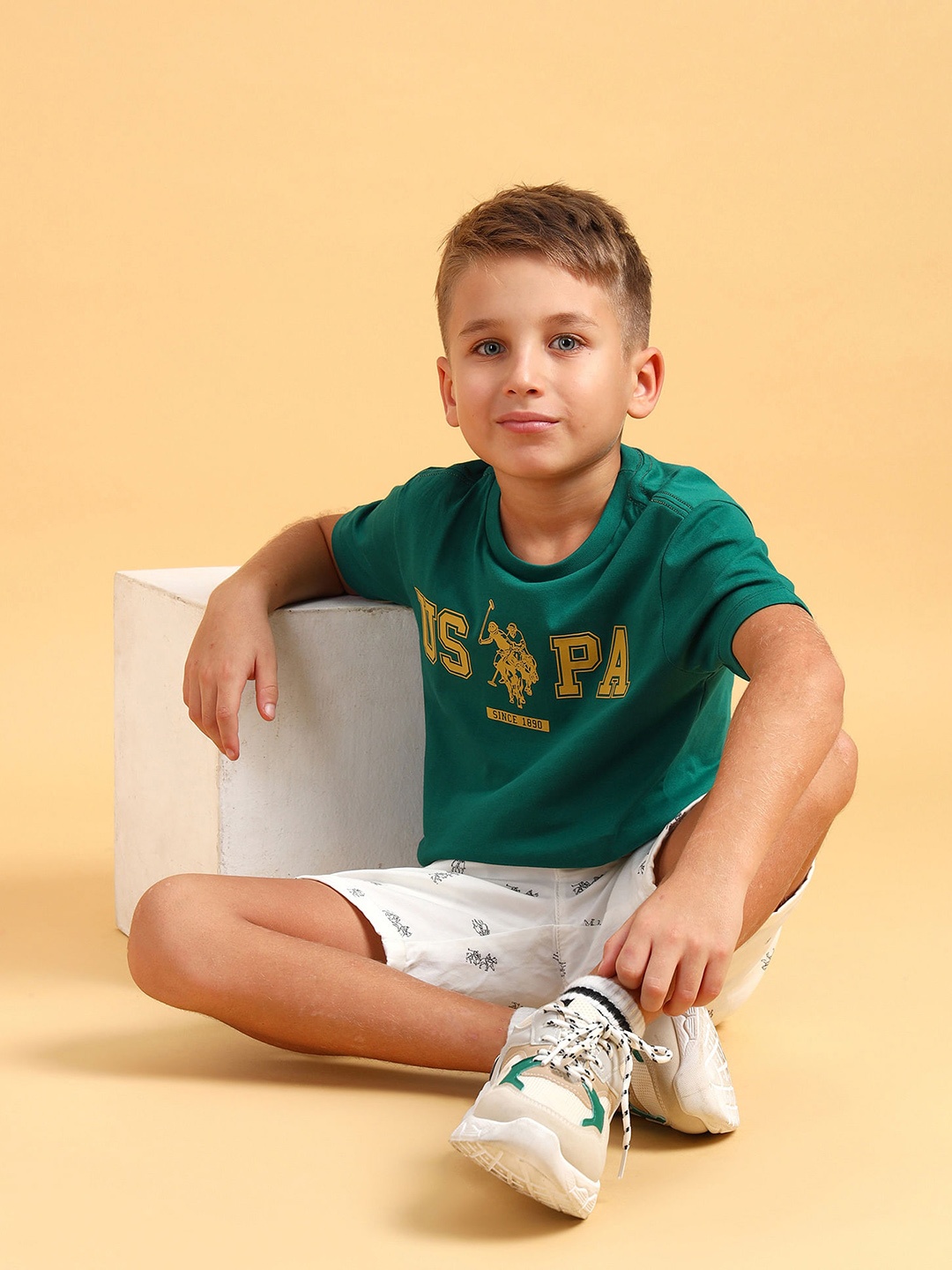 

U.S. Polo Assn. Kids Boys Brand Logo Printed Pure Cotton T-shirt, Green