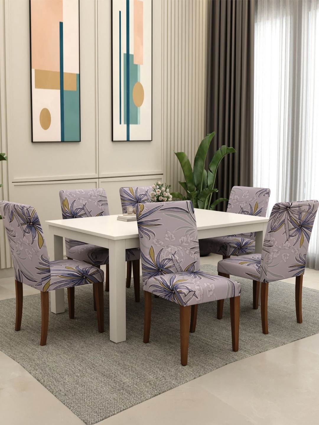 

WOODEN STREET Cassia Set Of 6 Grey & Beige Floral Printed Chair Covers