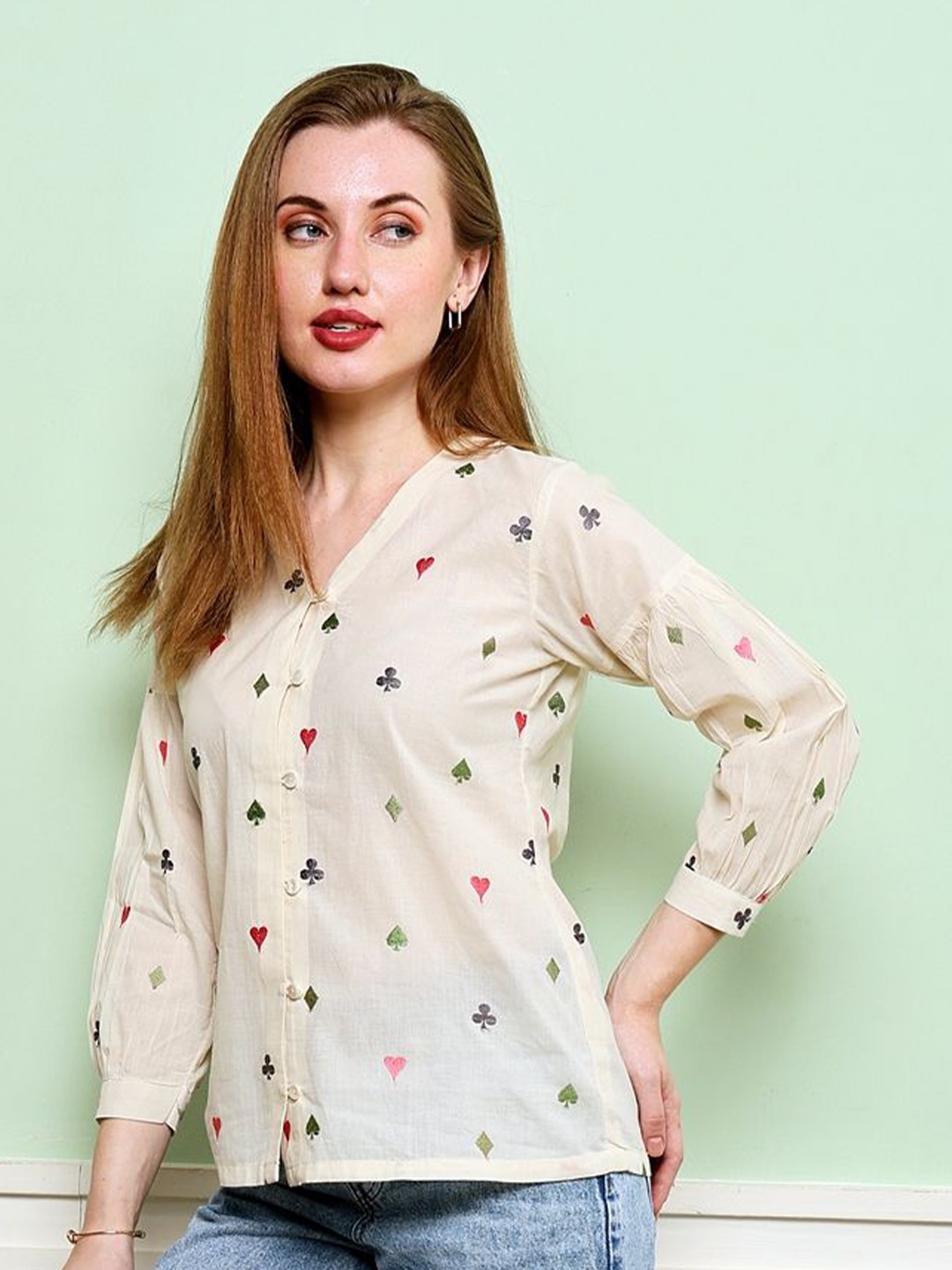 

Kaajal by Vidhi Embellished Embroidered Bishop Sleeves Cotton Wrap Top, Off white