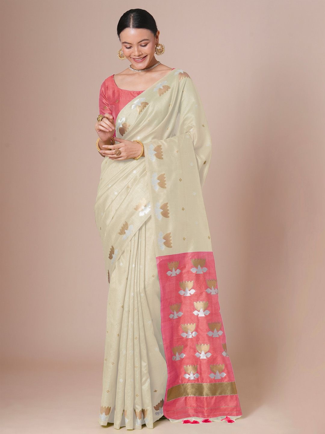 

House of Pataudi Banarasi Woven Design Saree With Blouse, Cream