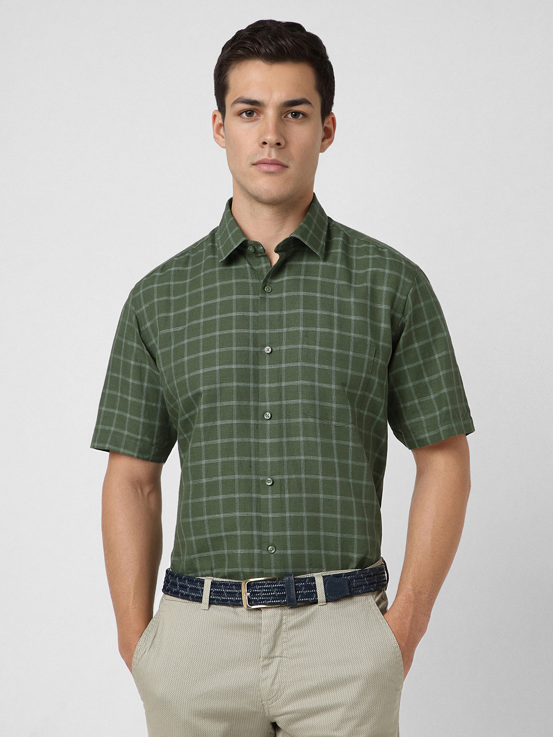 

Van Heusen Men Spread Collar Checked Linen Formal Shirt, Green
