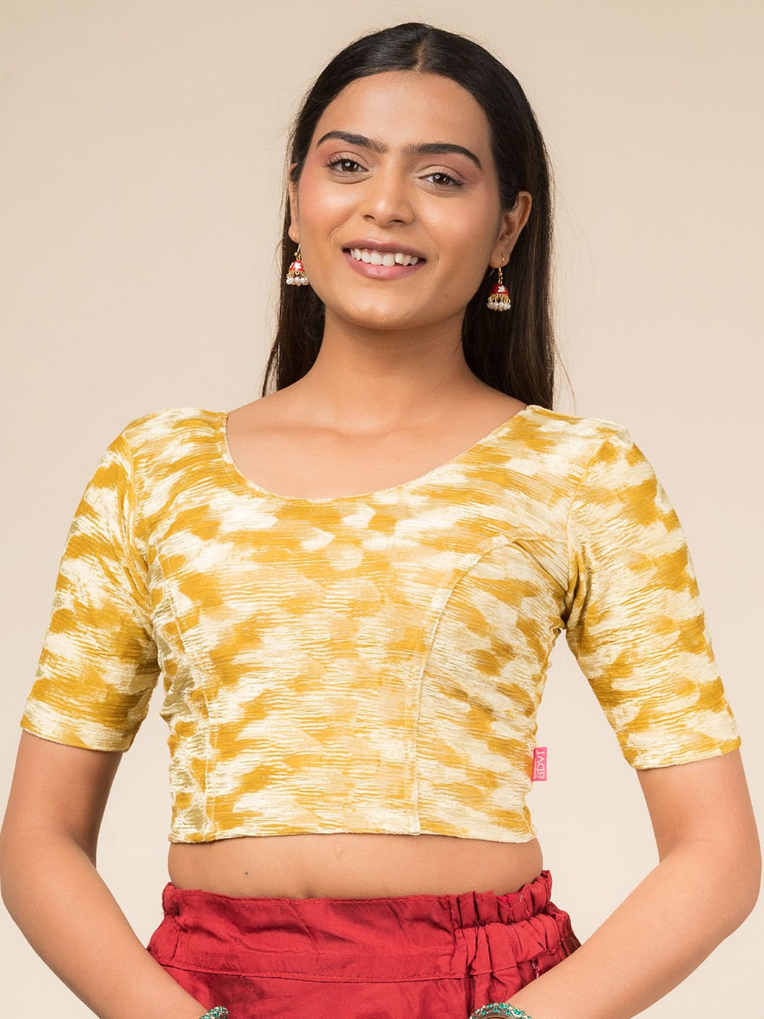 

Bindigasm's Advi Velvet Pleated Texture Stretchable Slip On Blouse, Beige