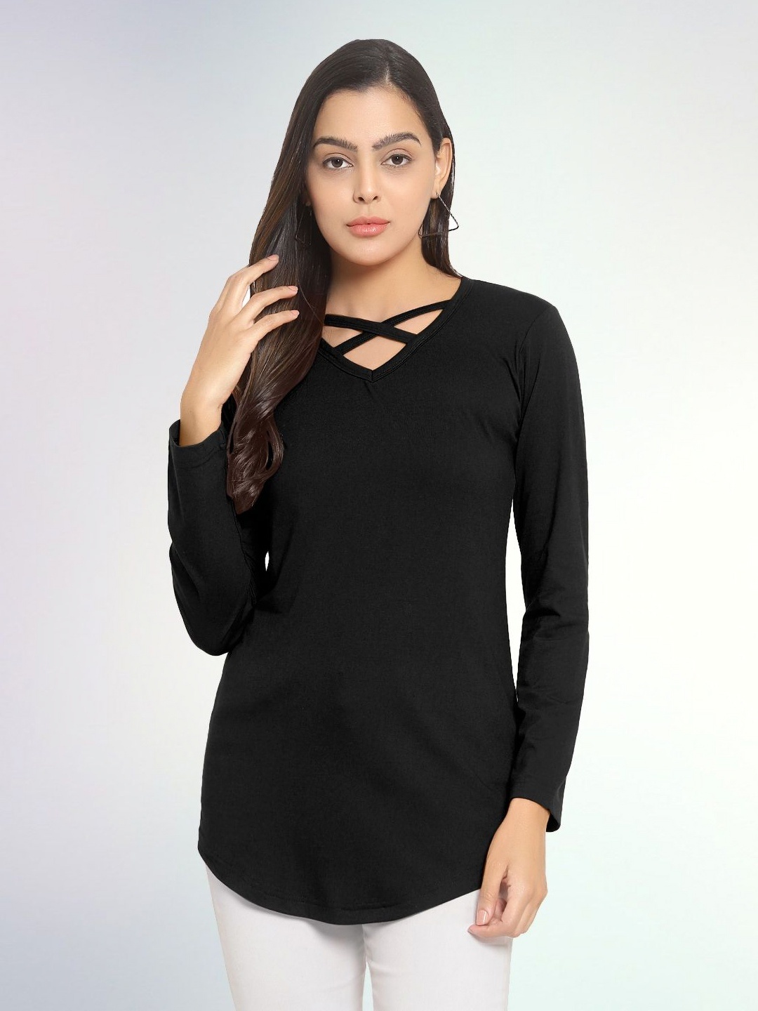 

Boldwink Women V-Neck Cut Outs Slim Fit T-shirt, Black