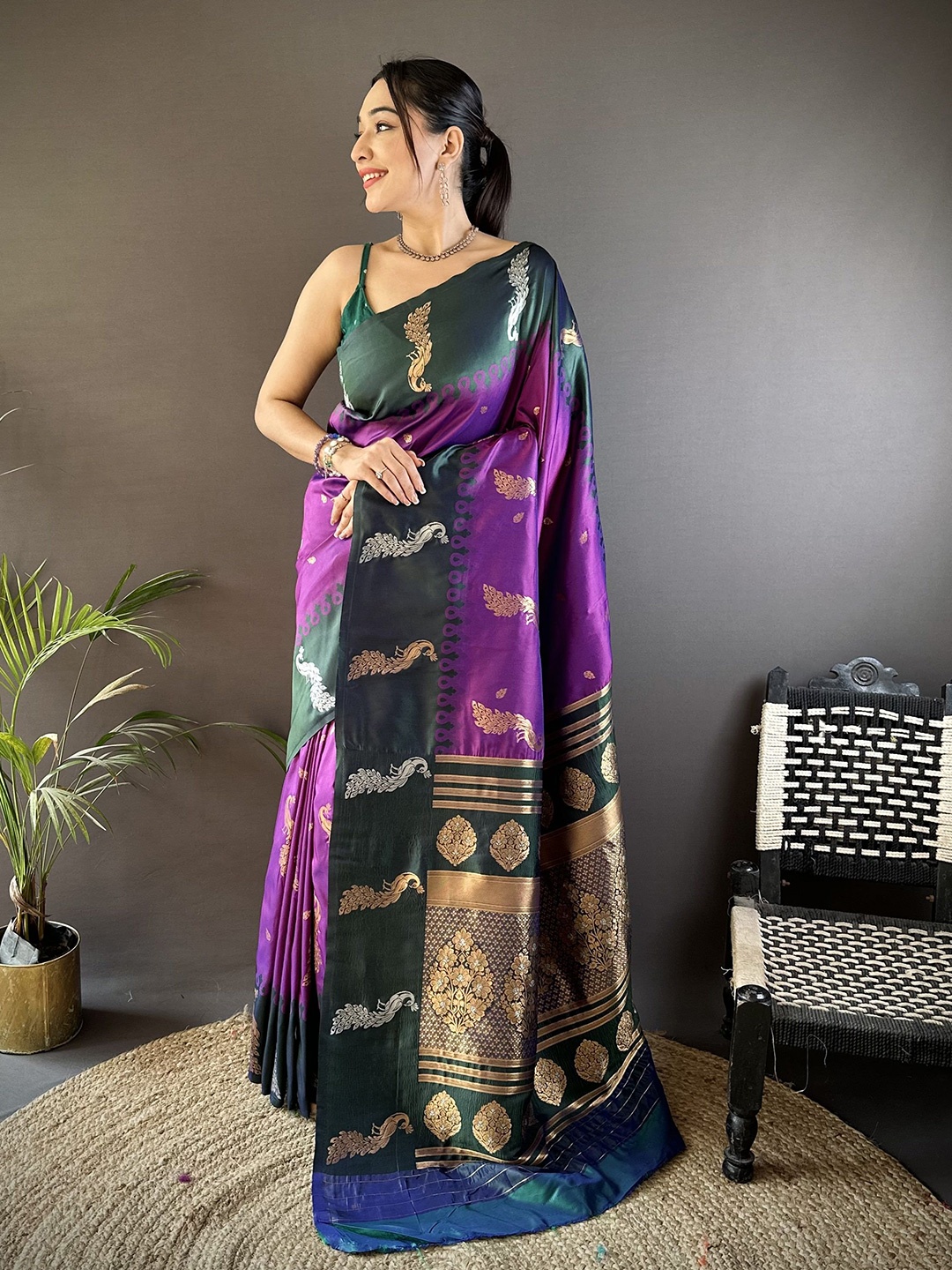 

Panzora Woven Design Zari Silk Blend Banarasi Saree, Purple