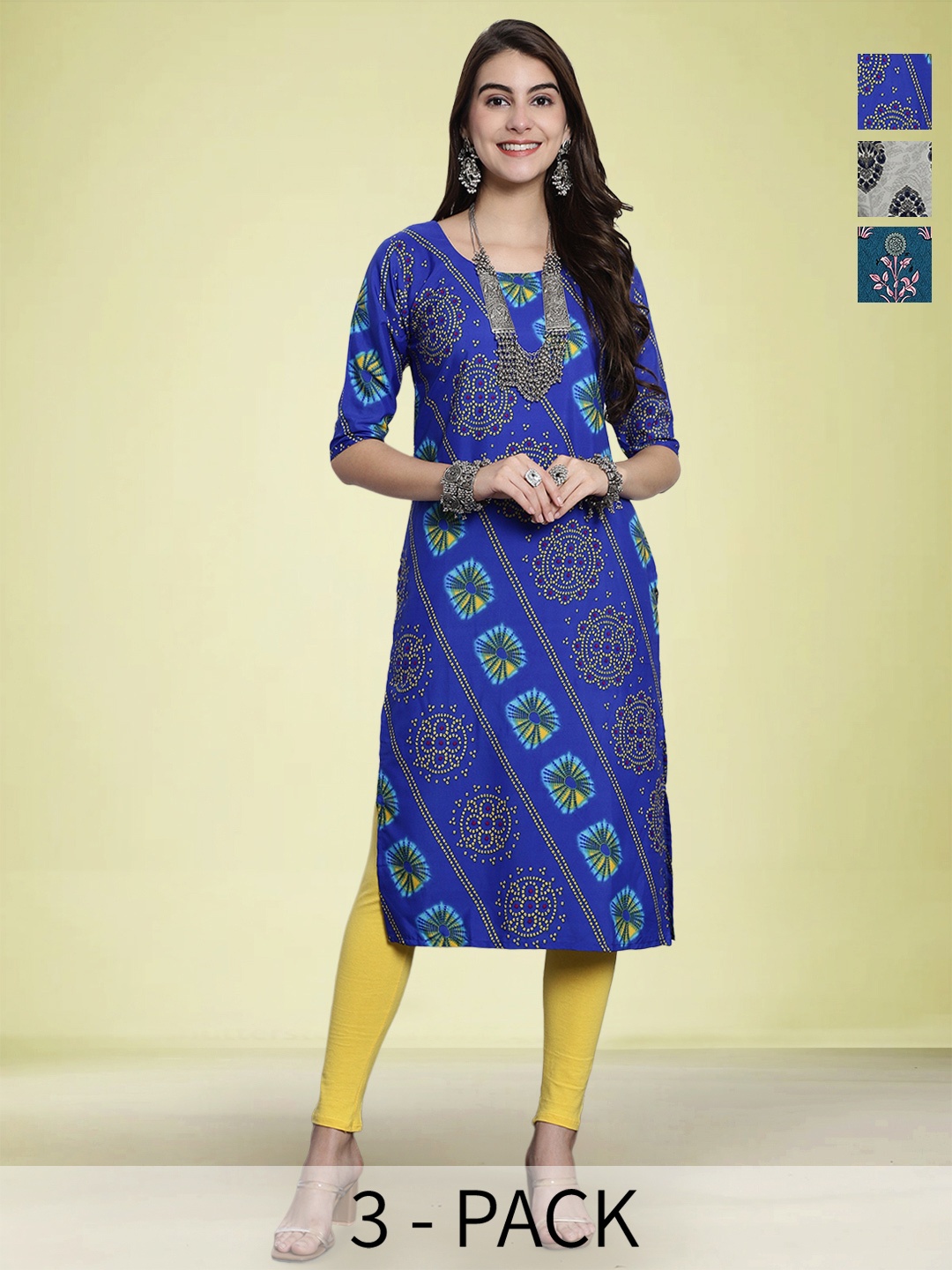 

Moda Rapido Selection Of 3 Bandhani Printed Round Neck Straight Kurtas, Blue