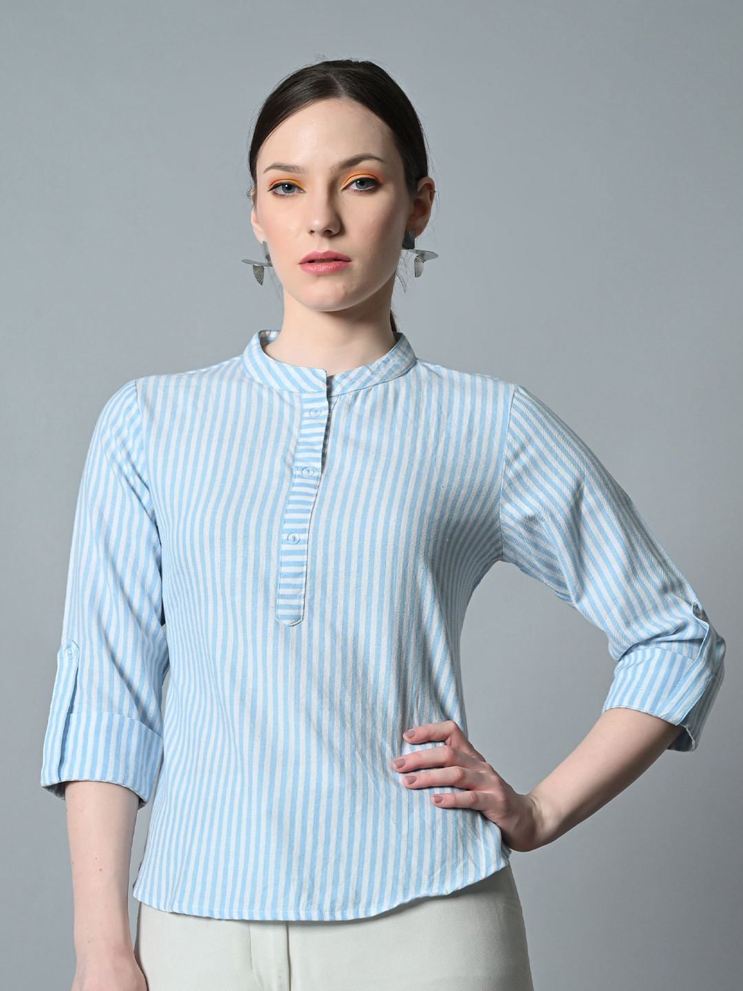 

CORSICA Striped Mandarin Collar Roll-Up Sleeves Shirt Style Top, Turquoise blue