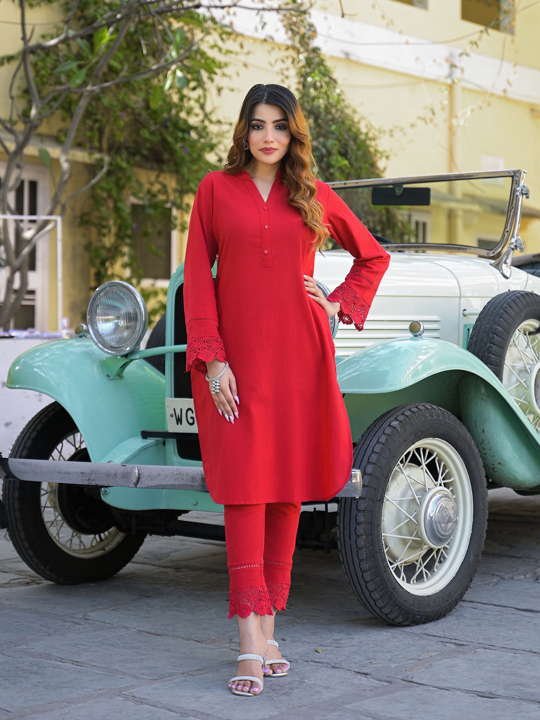 

Divena Pure Cotton V Neck Tunic With Trousers Co-Ords, Red