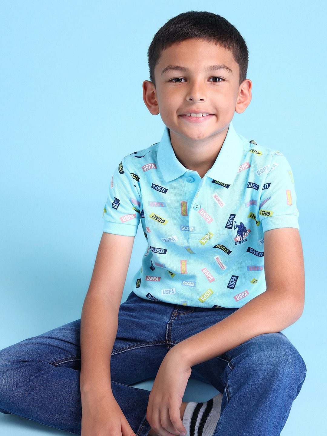 

U.S. Polo Assn. Kids Boys Brand Logo Printed Polo Pure Cotton T-shirt, Blue