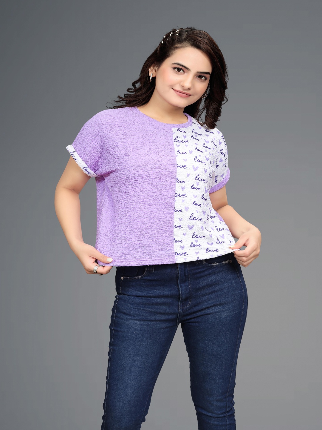 

VGHCFASHION Geometric Print Slit Sleeve Top, Purple