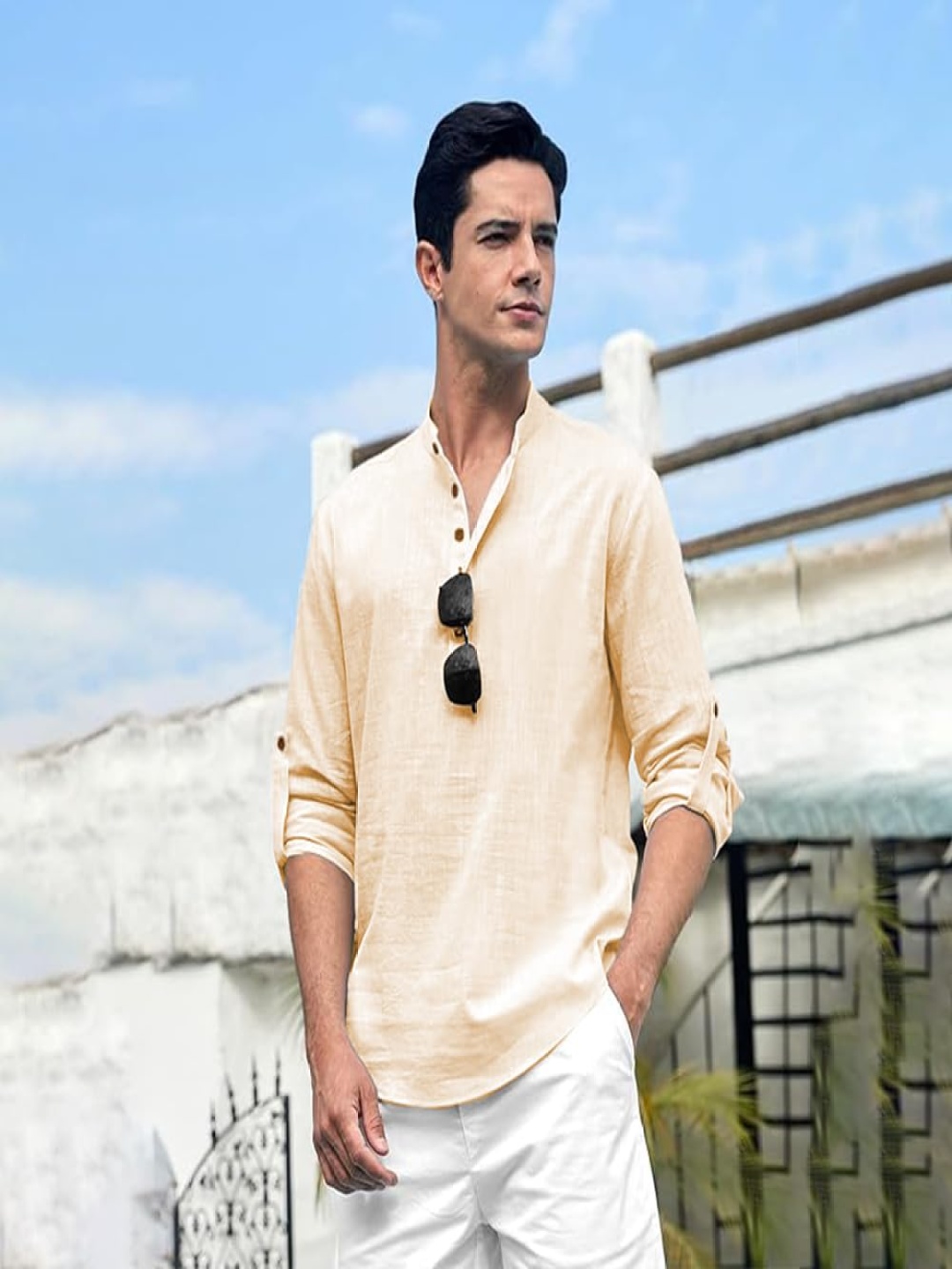 

EdinWolf Pure Cotton Band Collar Short Kurta, Beige