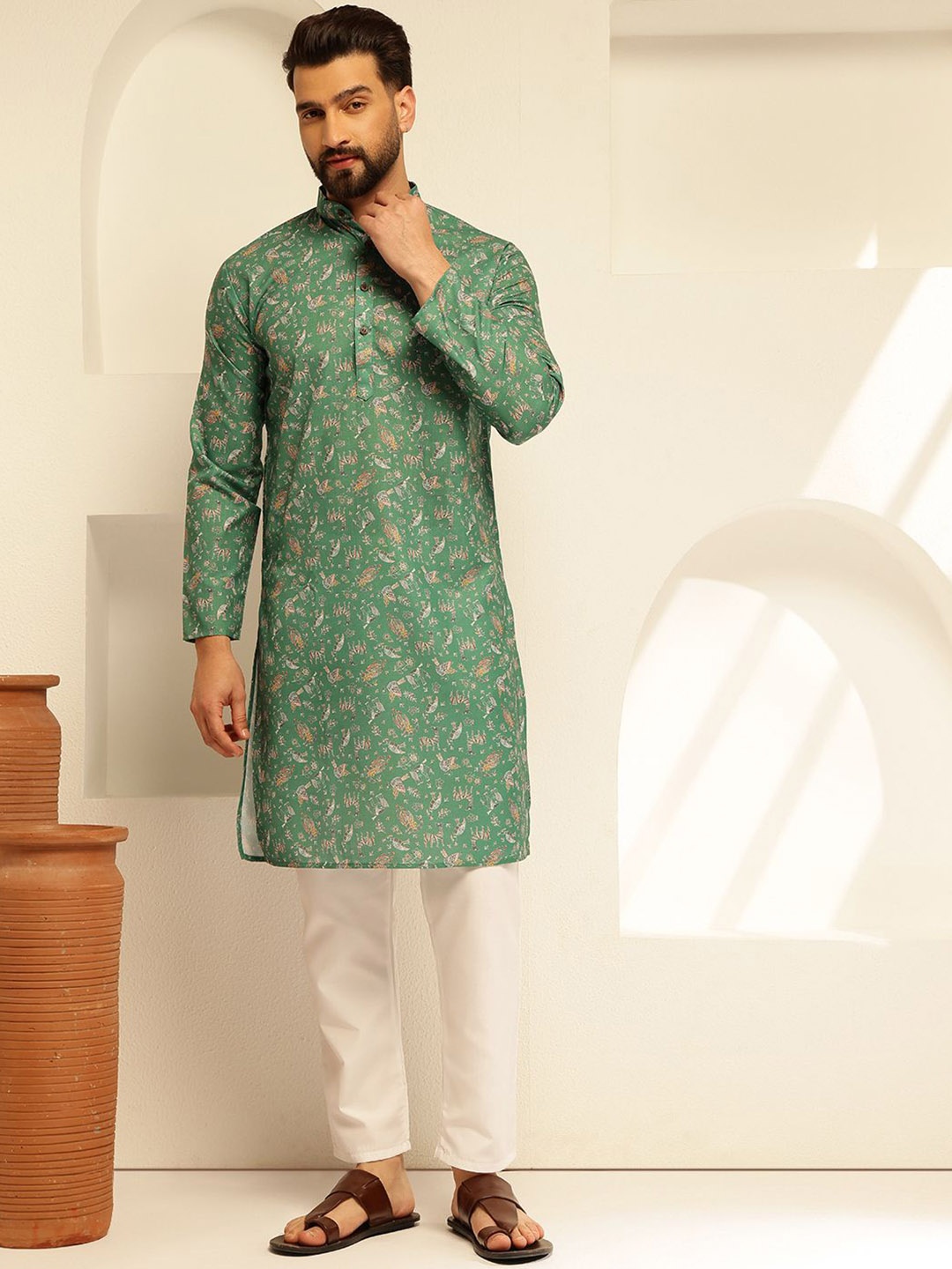 

SOJANYA Men Ethnic Motifs Printed Regular Kurta with Pyjamas, Green