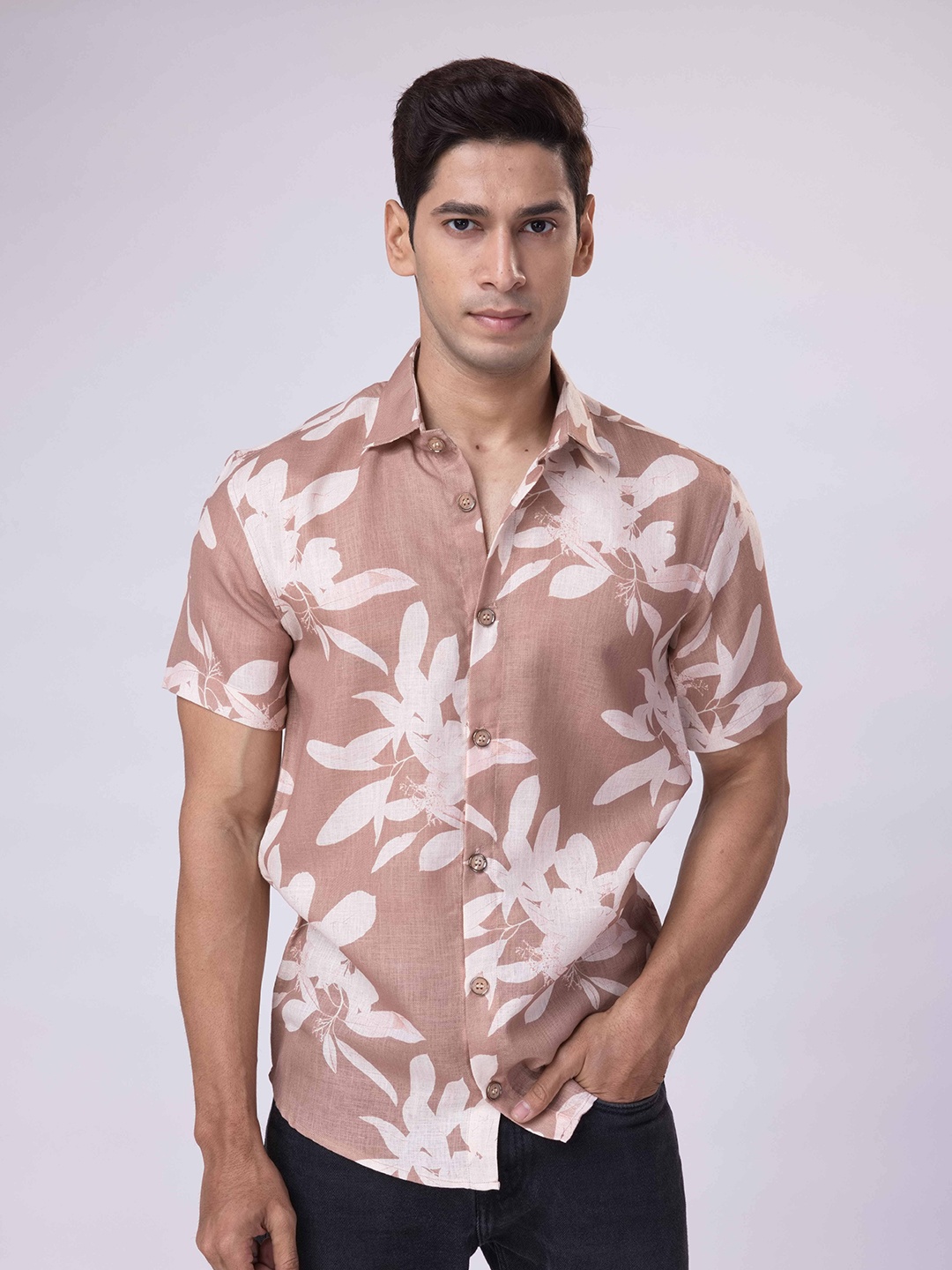 

Big Bunny Men Custom Floral Opaque Casual Shirt, Beige