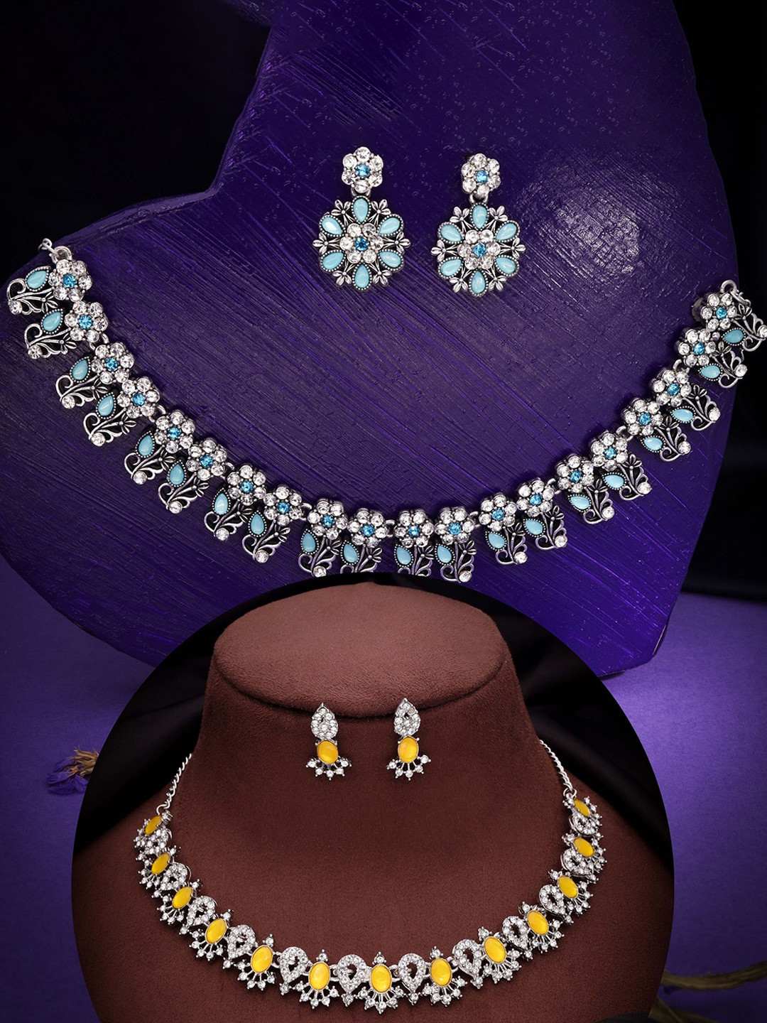 

DIVASTRI Set Of 2 Sliver Plated American Diamond Jewellery Set, Silver