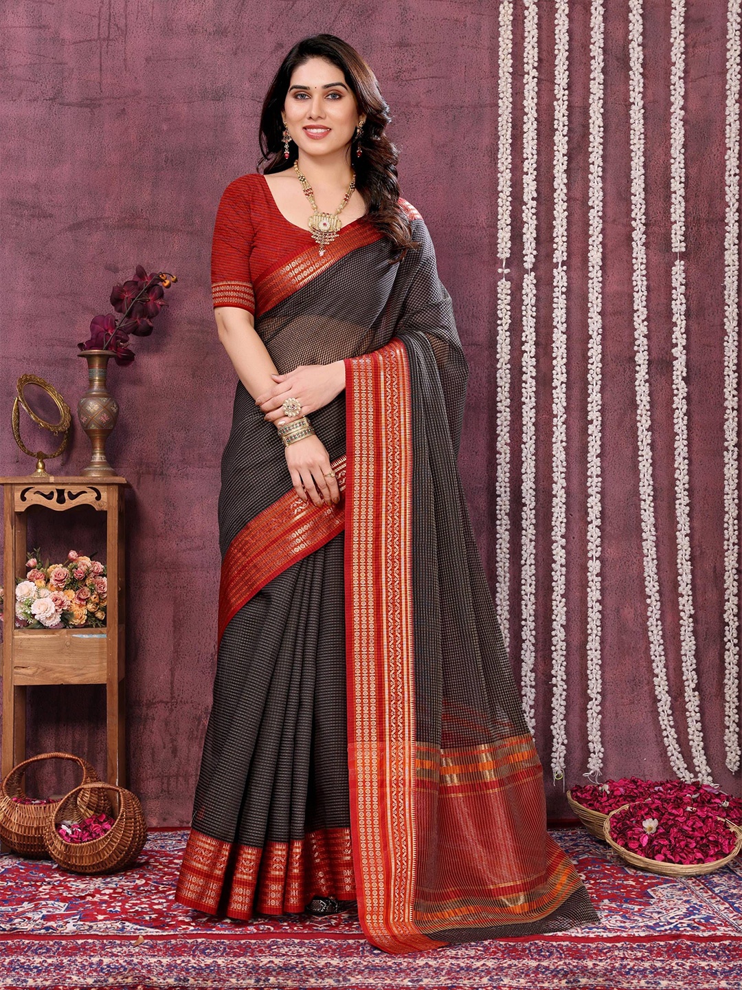 

Moda Rapido Woven Design Zari Silk Blend Kota Saree, Black