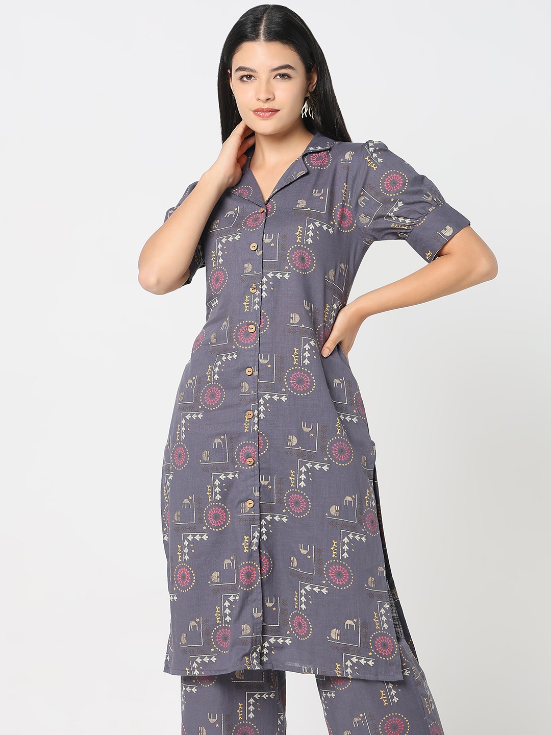 

R&B Women Ethnic Motifs Printed Flared Sleeves Sequinned Kurta, Grey