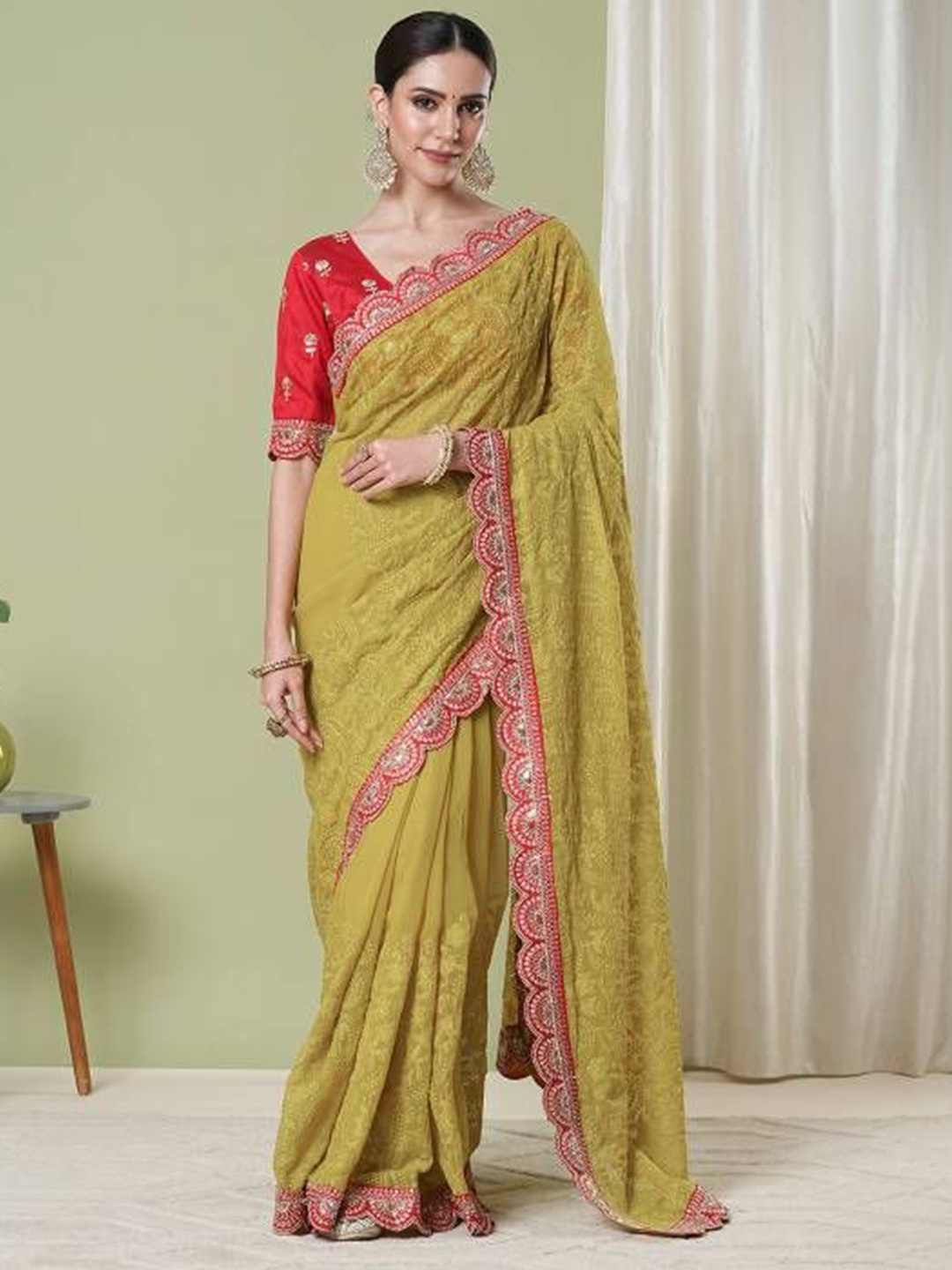 

HERE&NOW Embellished Sequinned Pure Georgette Banarasi Saree, Lime green