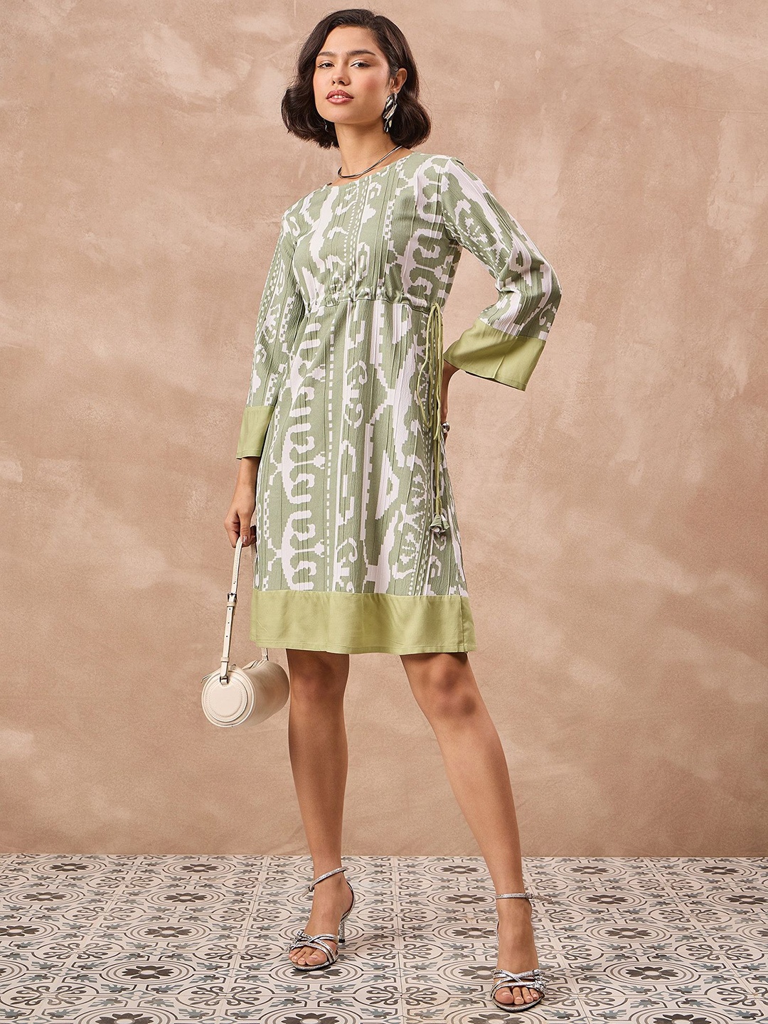 

all about you Print Flared Sleeve Georgette A-Line Dress, Green